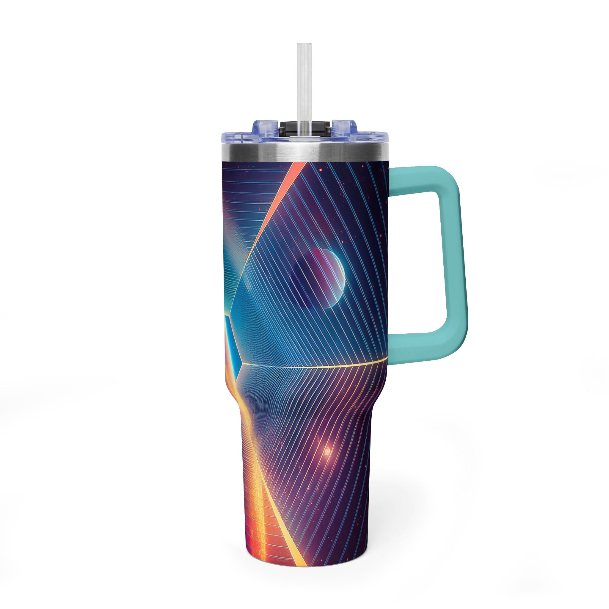 40oz Vacuum Tumbler — Neon Geometric Cosmic Design