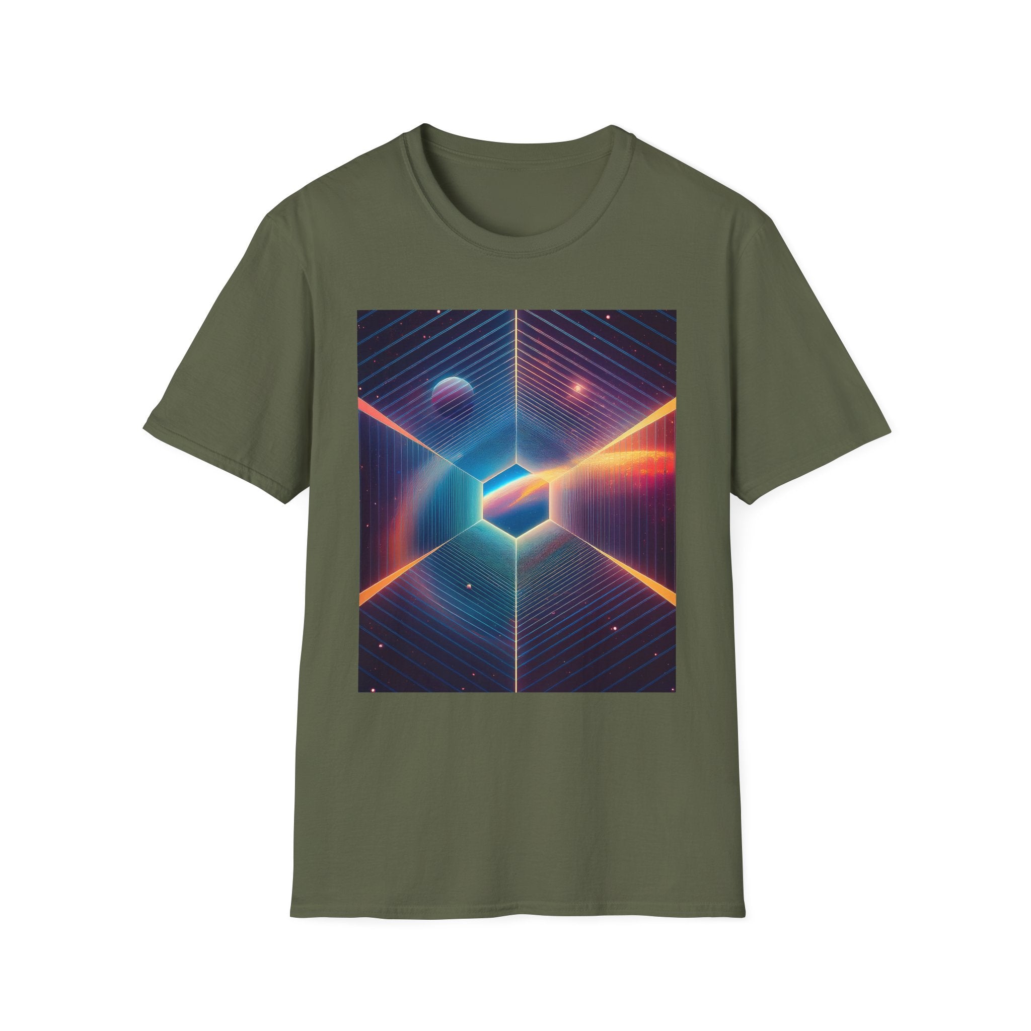 Retro Futuristic Space Tee — Neon Geometric Galaxy T-Shirt