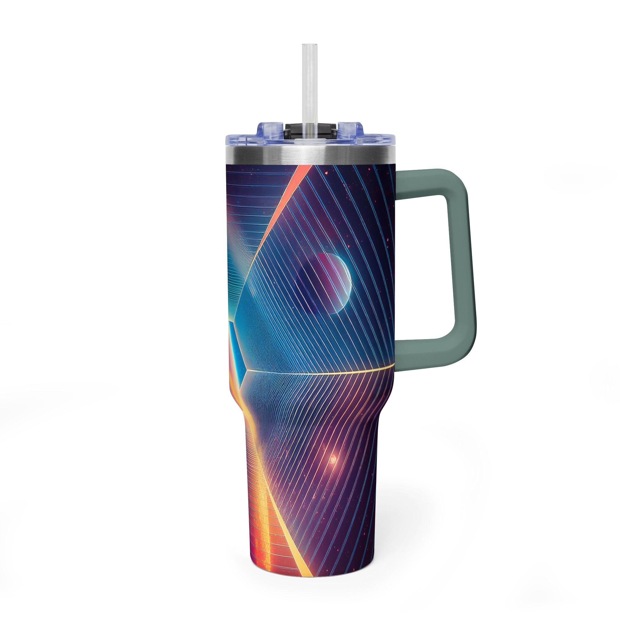 40oz Vacuum Tumbler — Neon Geometric Cosmic Design