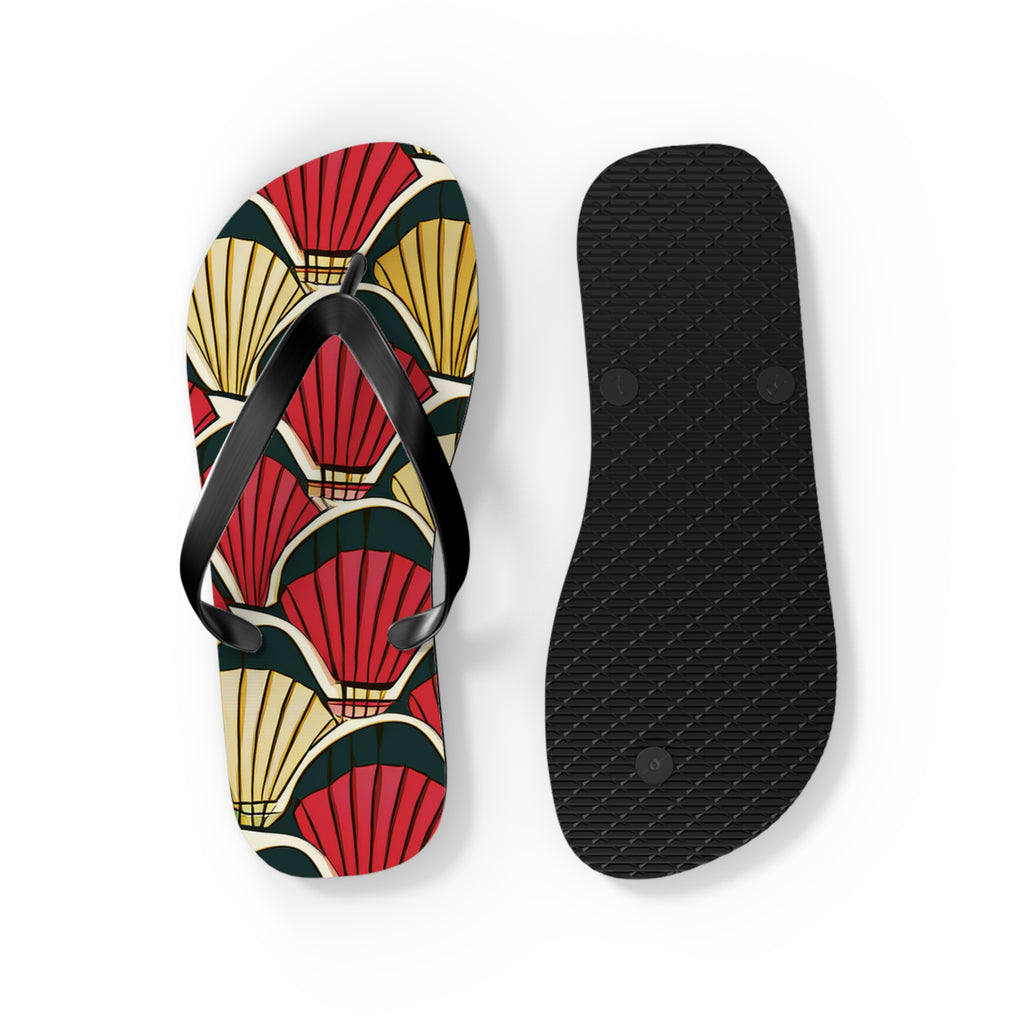 Art Deco Shell Pattern Flip Flops — Retro Red & Gold Beach Sandals