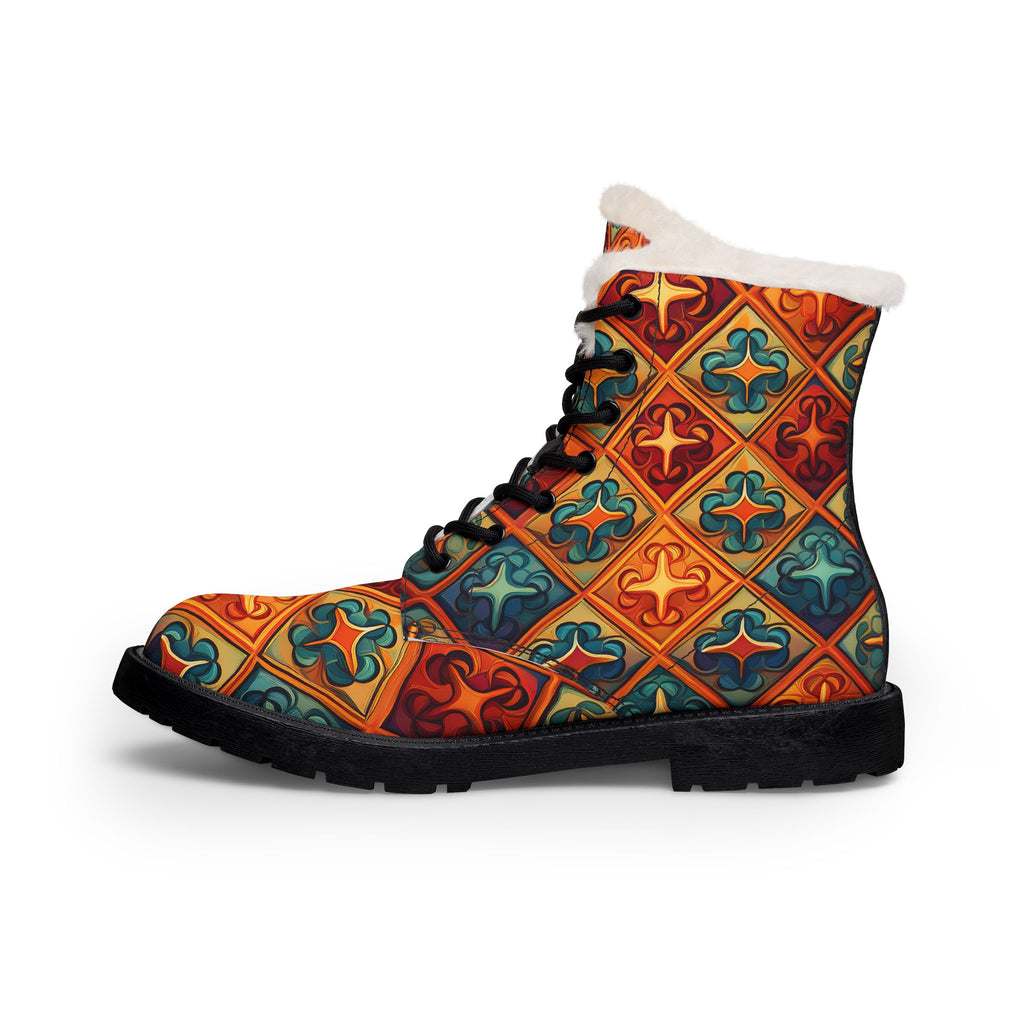 Men's Fur-Lined Leather Boots — Colorful Tile Pattern Winter Work Boots