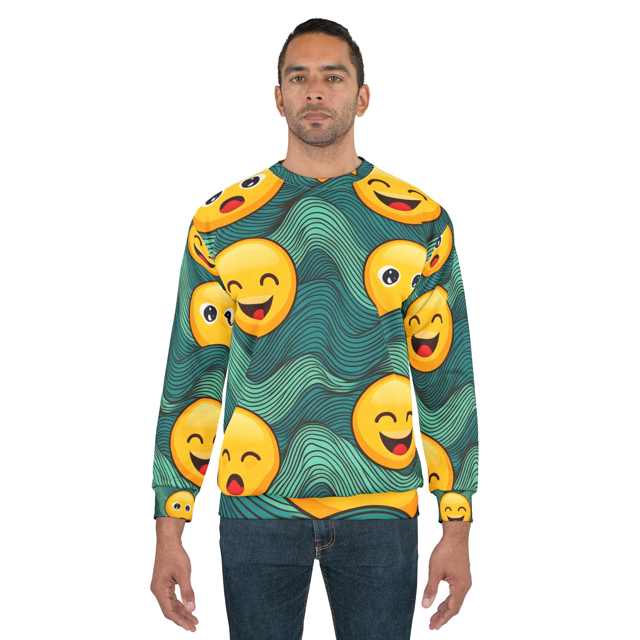 Emoji Wave Sweatshirt — All-Over Print Smiling Emoji Crewneck