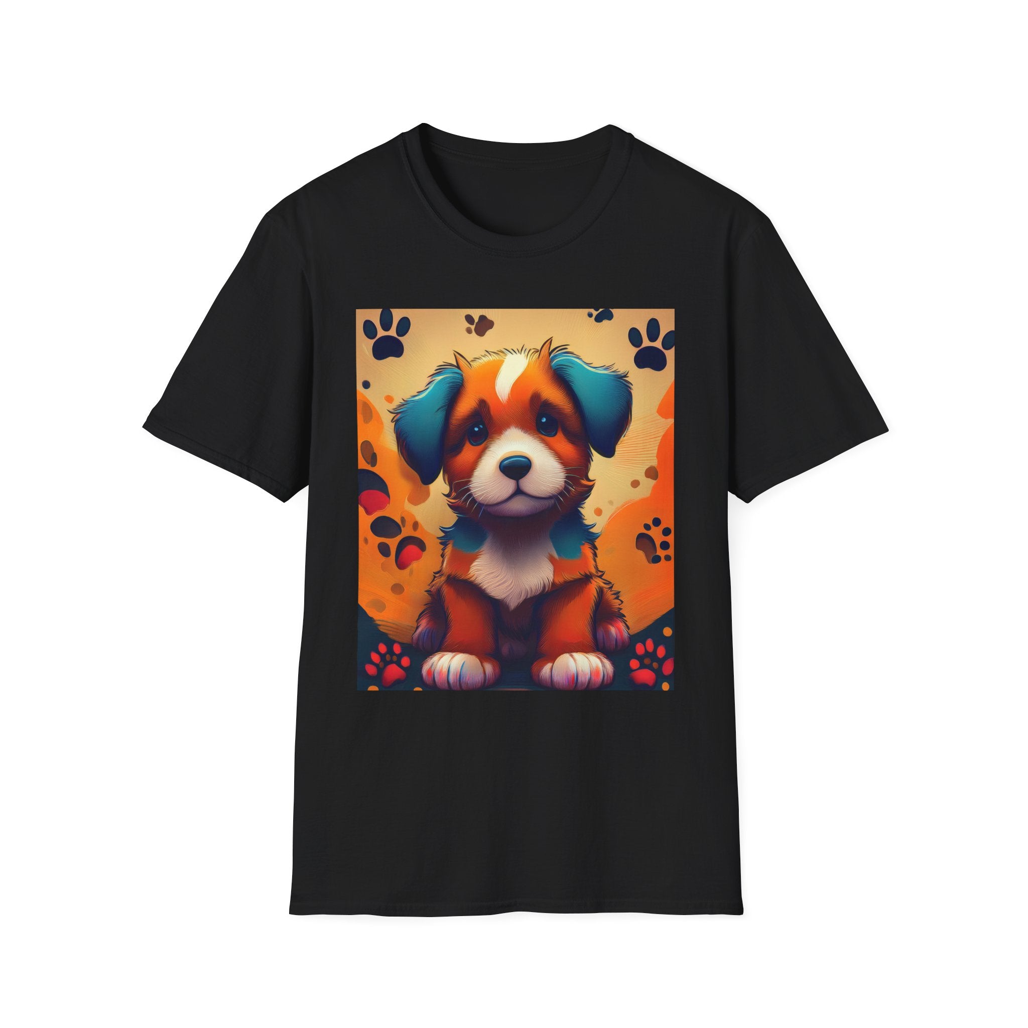 Cute Puppy Portrait T-Shirt — Colorful Paw Print Dog Graphic Tee