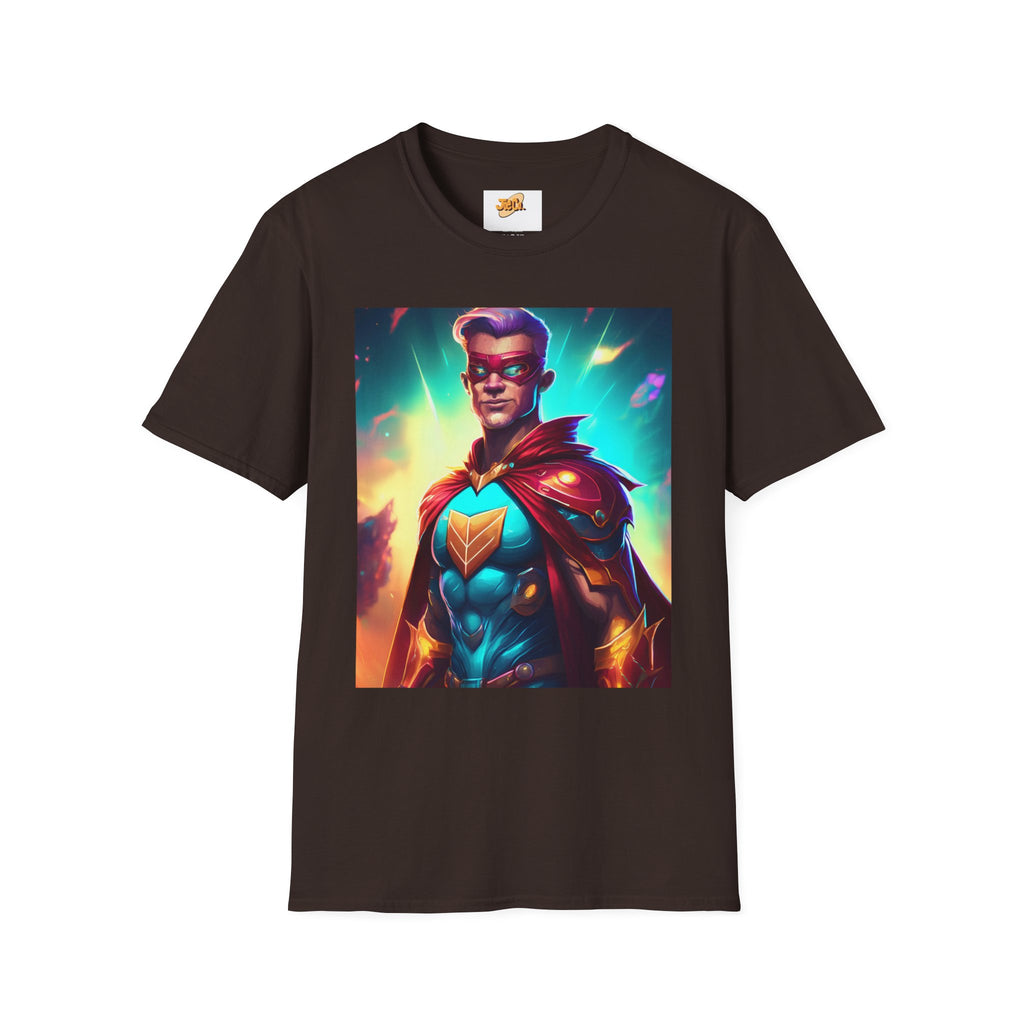Superhero Graphic T-Shirt — Retro Neon Captain Chest Emblem