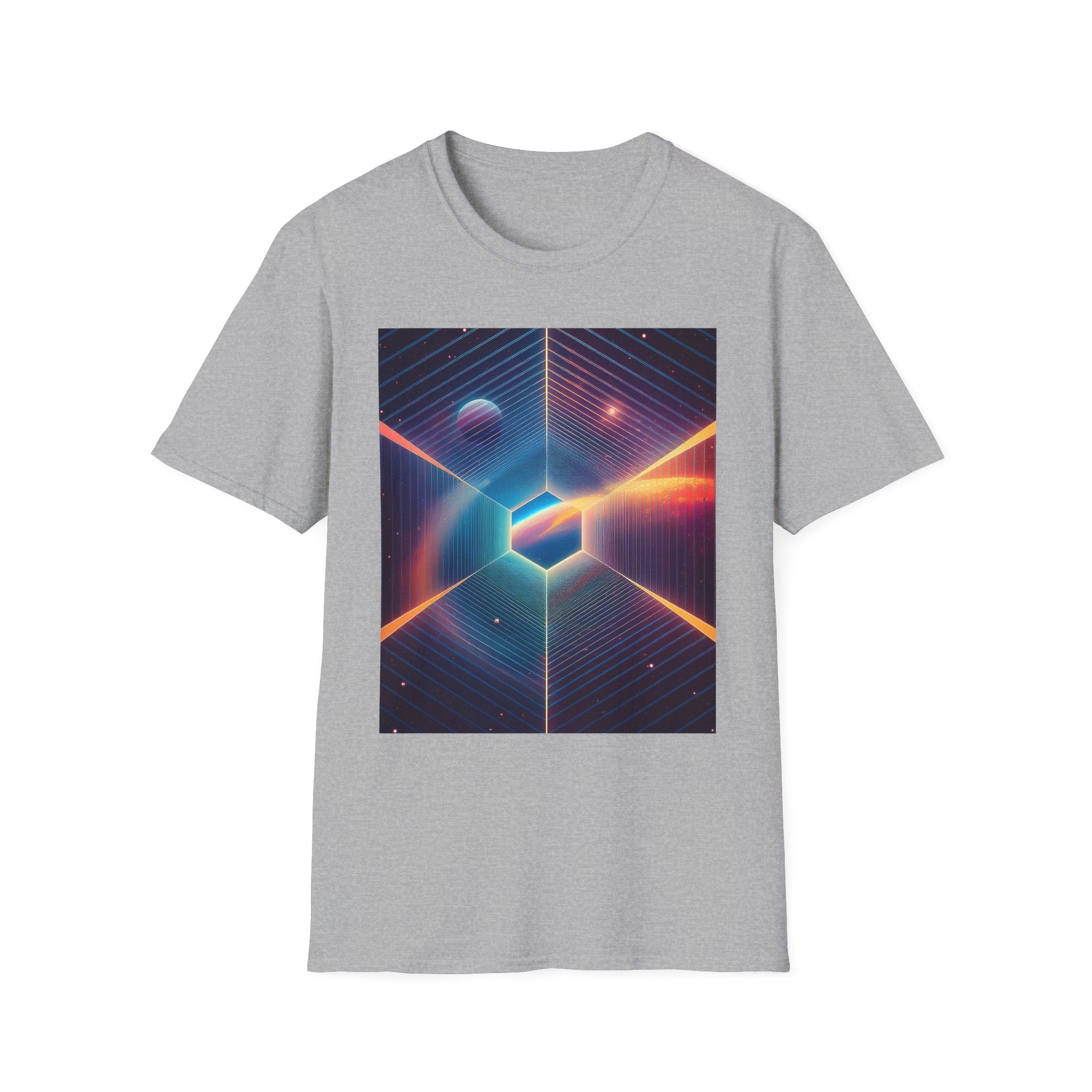 Retro Futuristic Space Tee — Neon Geometric Galaxy T-Shirt