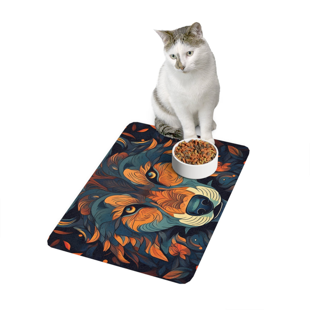 Wolf Art Pet Food Mat (12x18) — Colorful Tribal Wolf Placemat for Dog & Cat Bowls