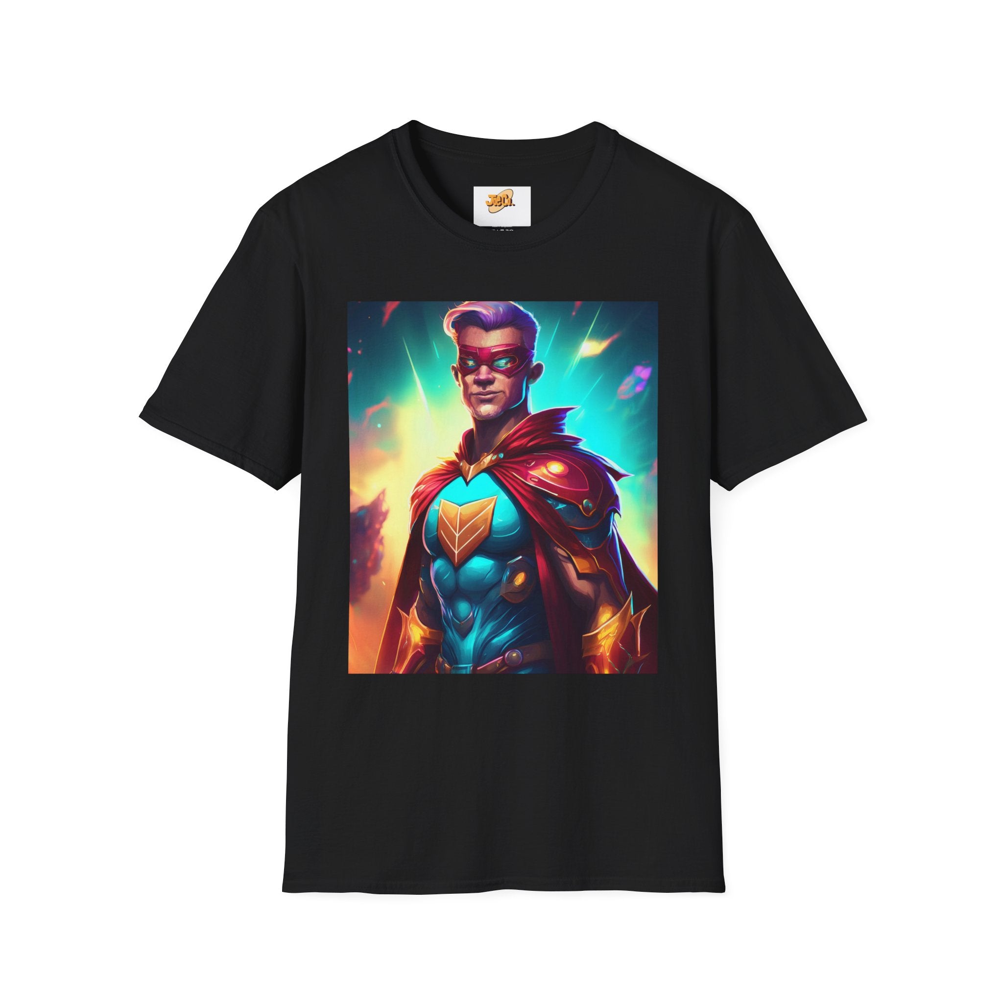 Superhero Graphic T-Shirt — Retro Neon Captain Chest Emblem