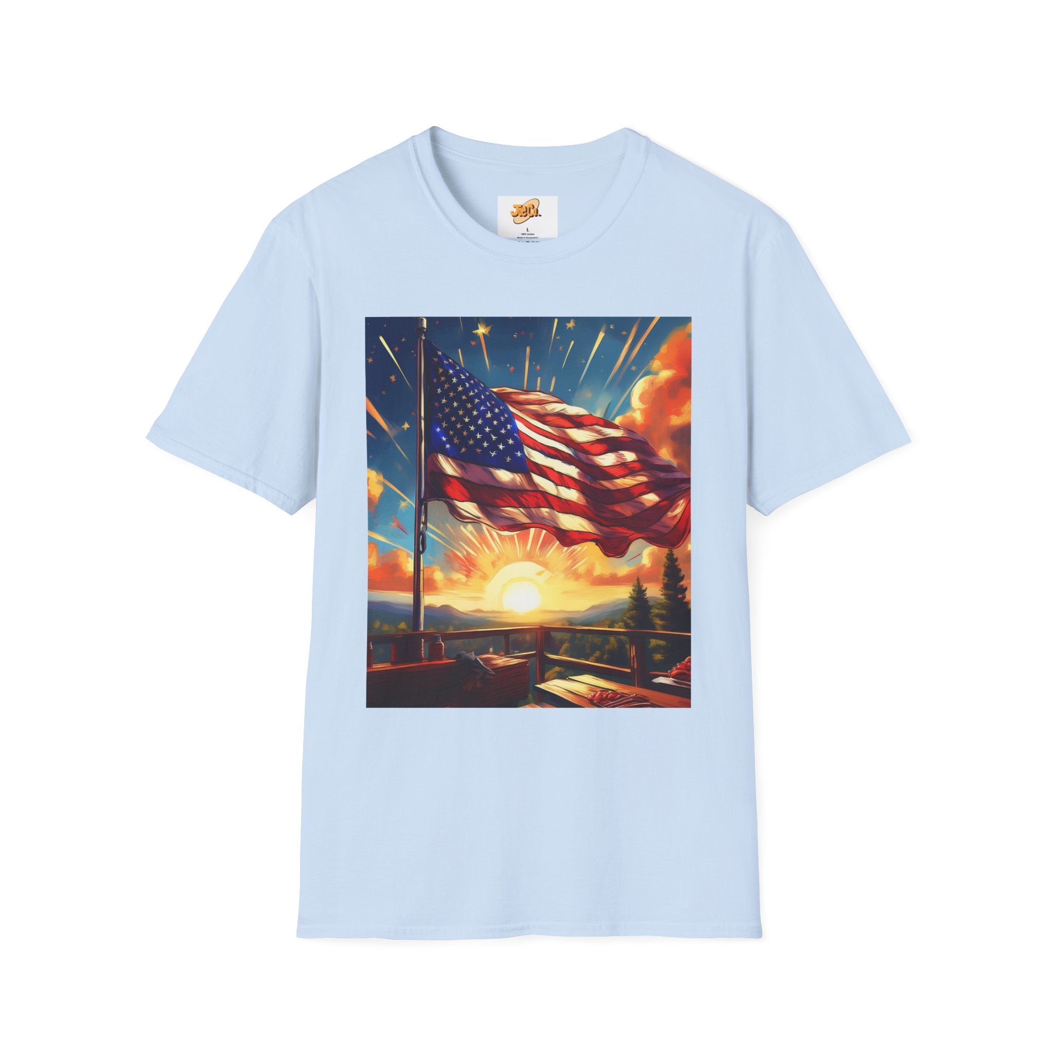 American Flag Sunrise T-Shirt — Patriotic USA Sunset Graphic Tee