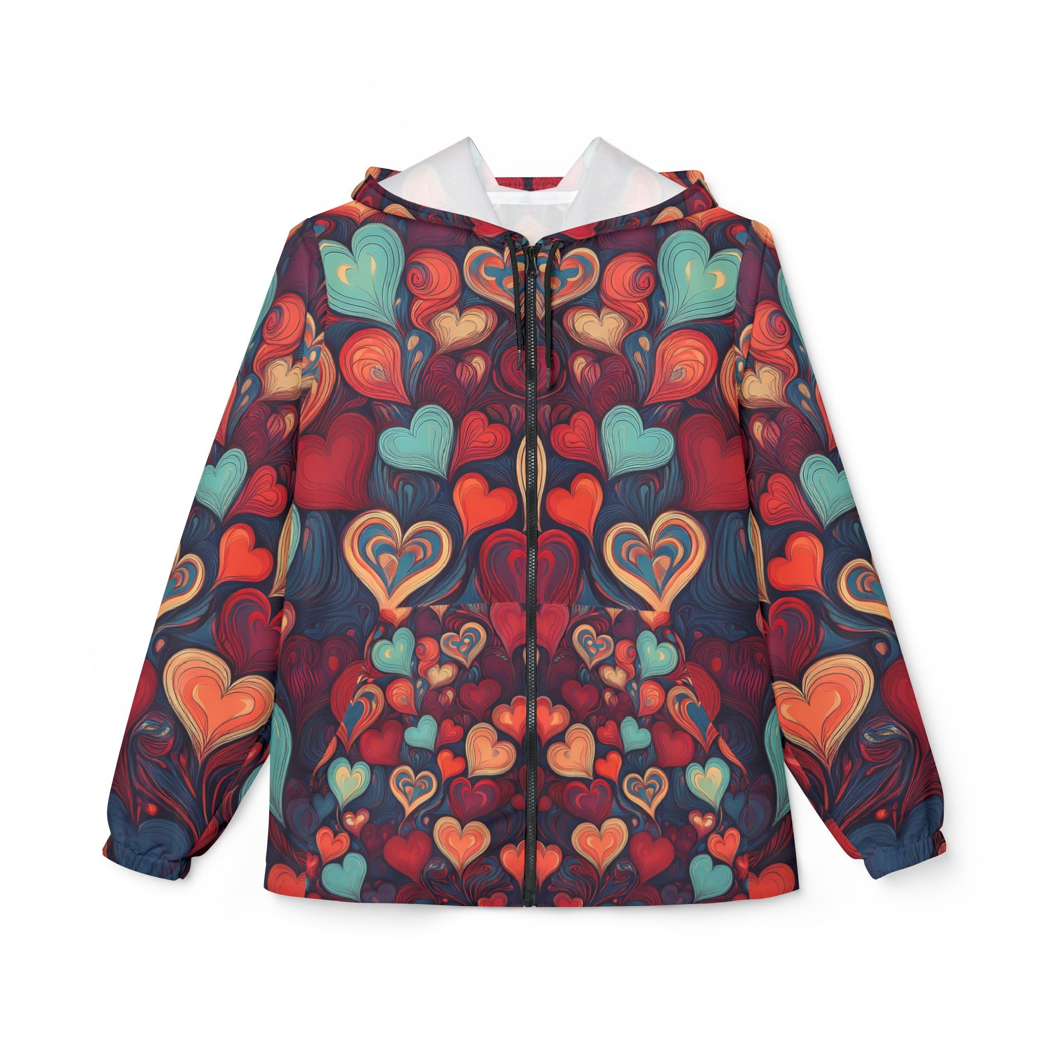 Heart Mosaic Windbreaker Jacket – Colorful Valentine's AOP Hooded Windbreaker