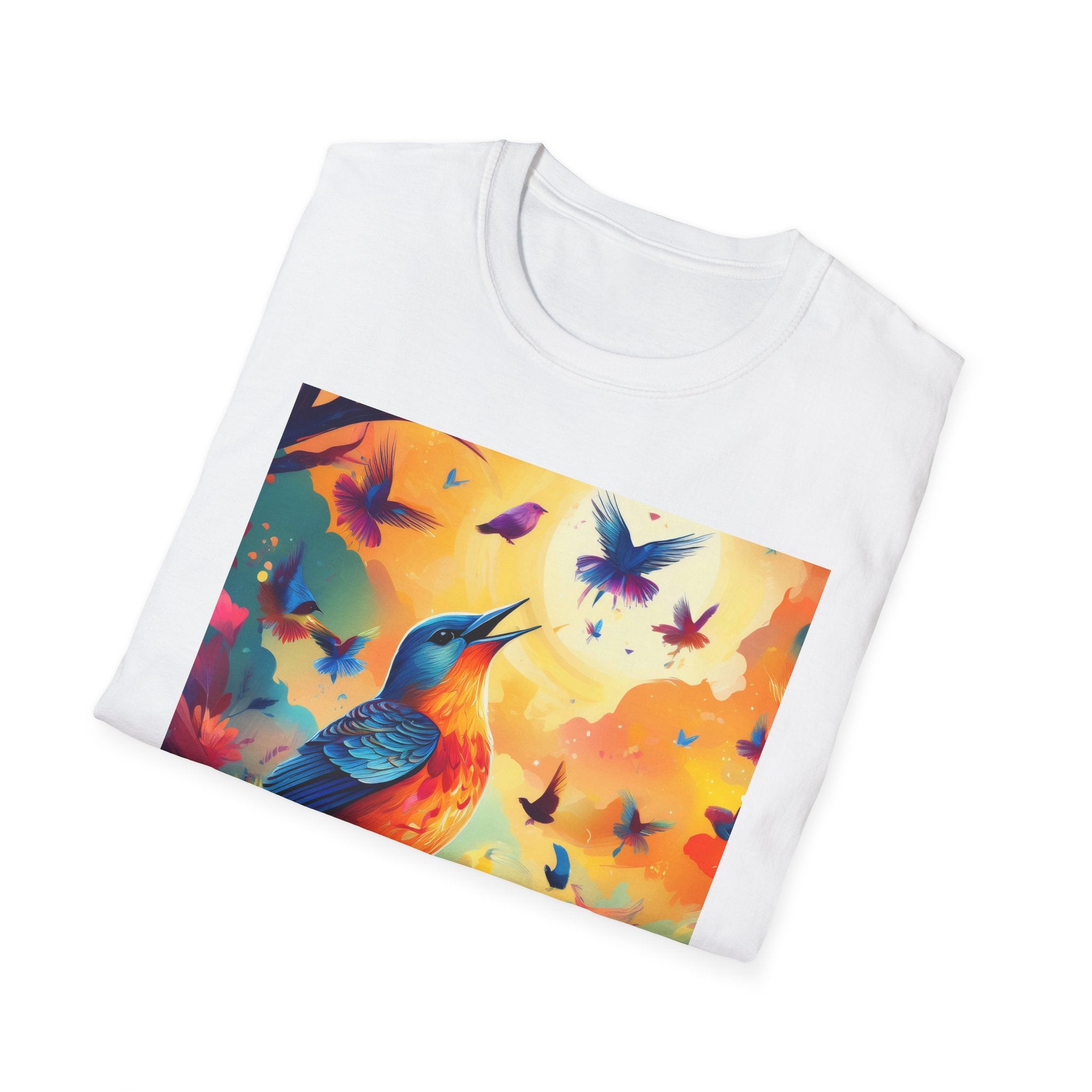 Birds at Dawn Graphic T-Shirt — Colorful Floral Songbird Tee