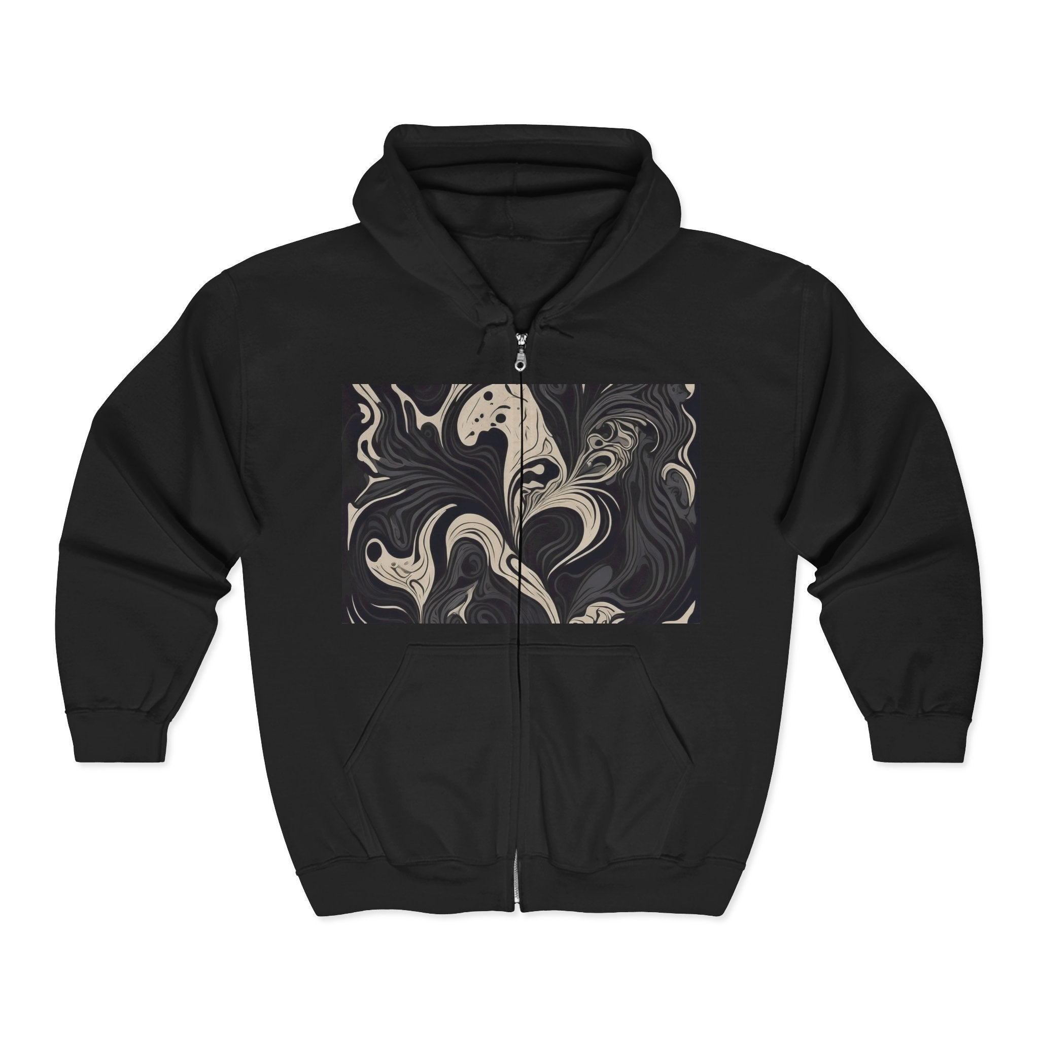 Abstract Marble Zip Hoodie — Black Swirl Art Full-Zip Sweatshirt