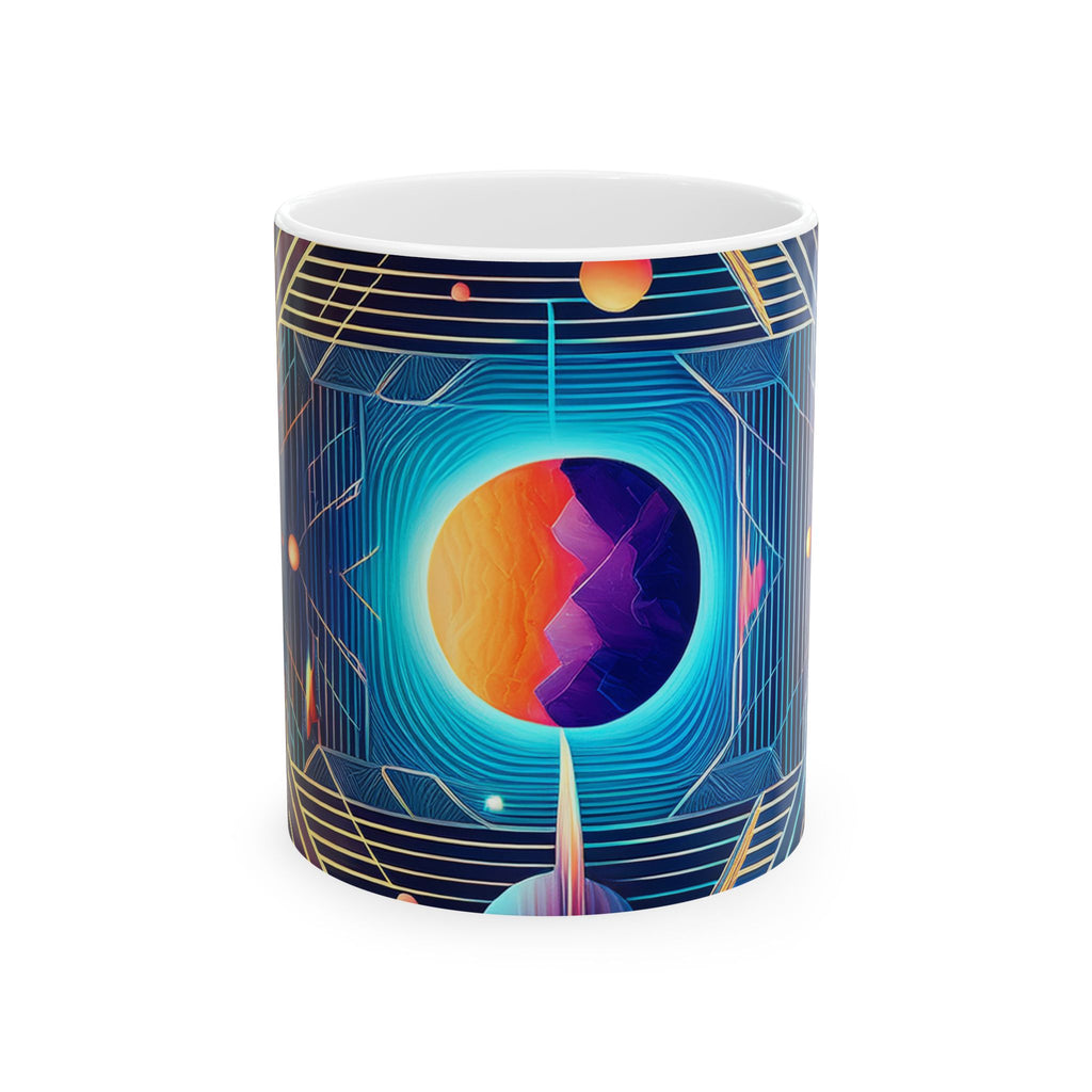 Retro Futurism Space Mug — Neon Geometric Planet Ceramic Coffee Cup (11oz/15oz)