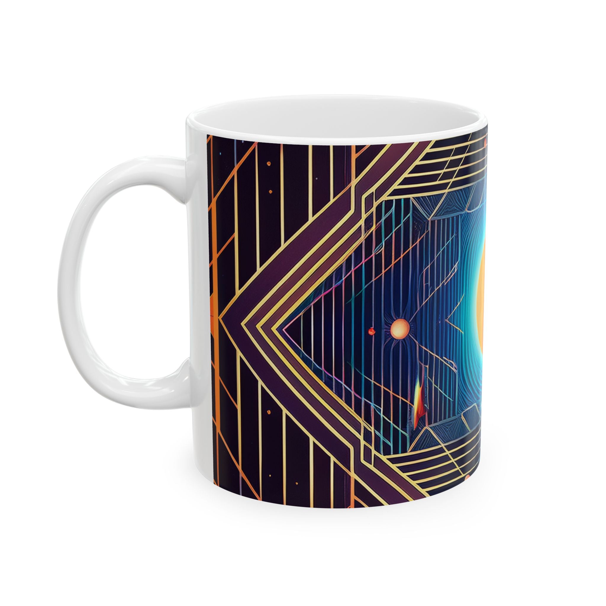 Retro Futurism Space Mug — Neon Geometric Planet Ceramic Coffee Cup (11oz/15oz)