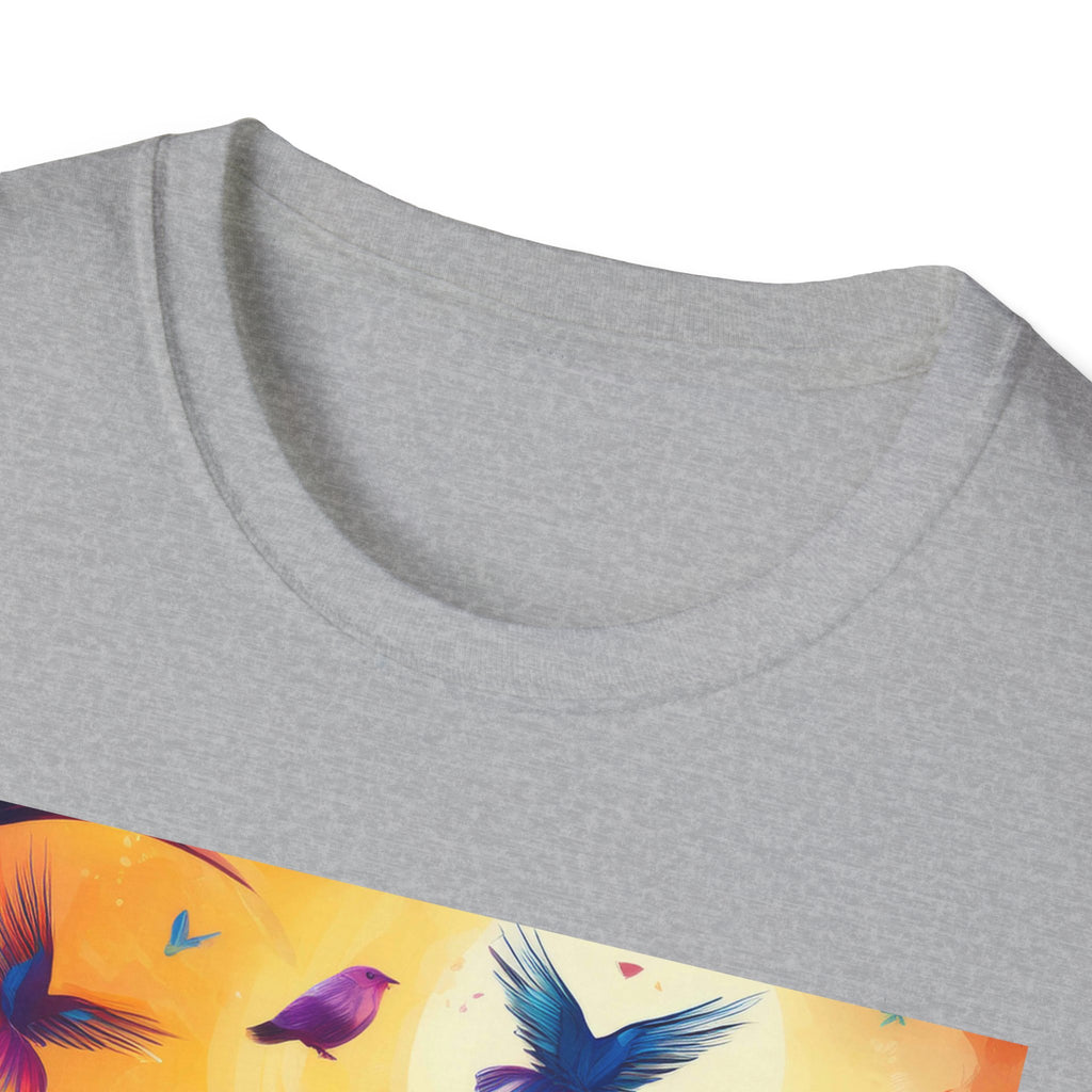 Birds at Dawn Graphic T-Shirt — Colorful Floral Songbird Tee