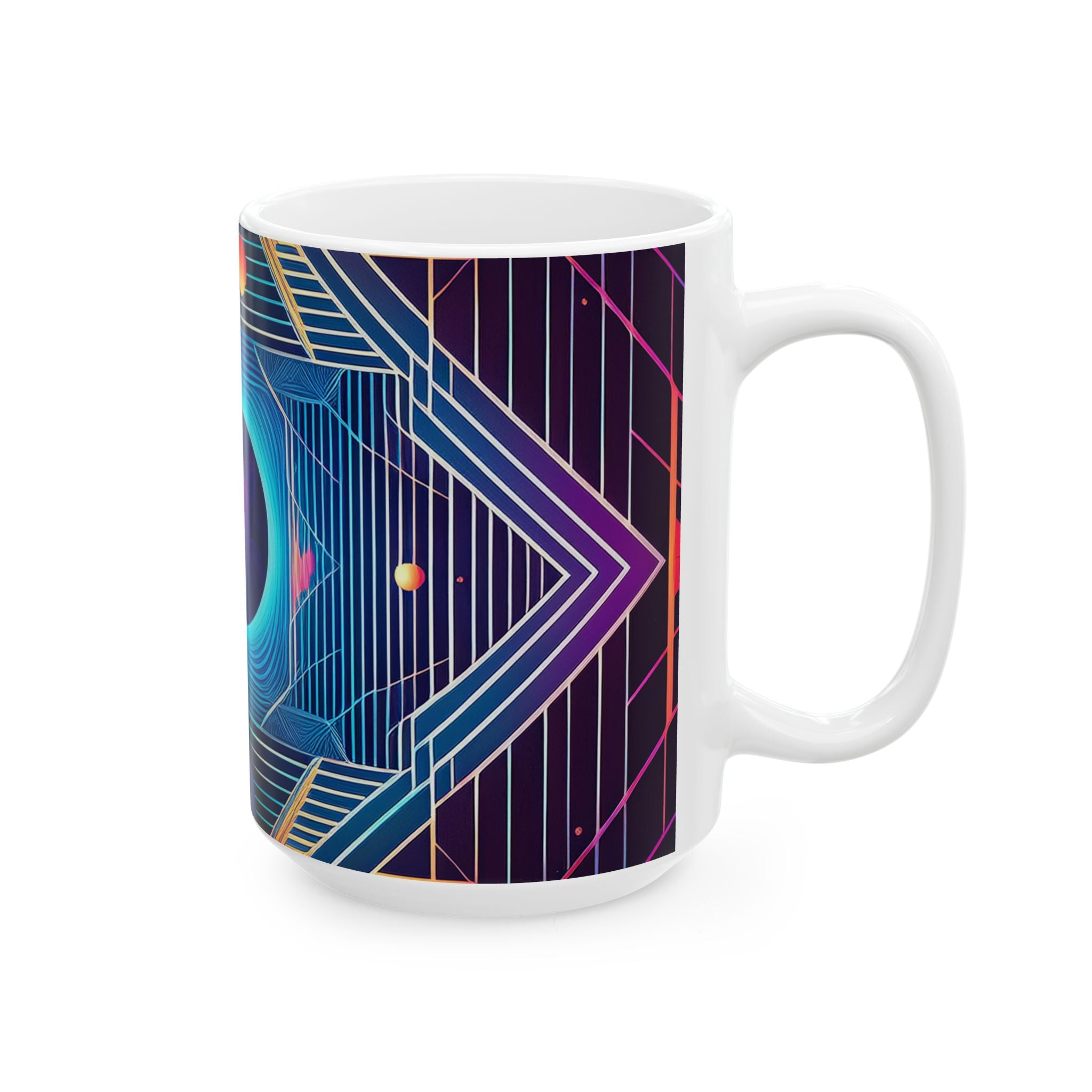 Retro Futurism Space Mug — Neon Geometric Planet Ceramic Coffee Cup (11oz/15oz)
