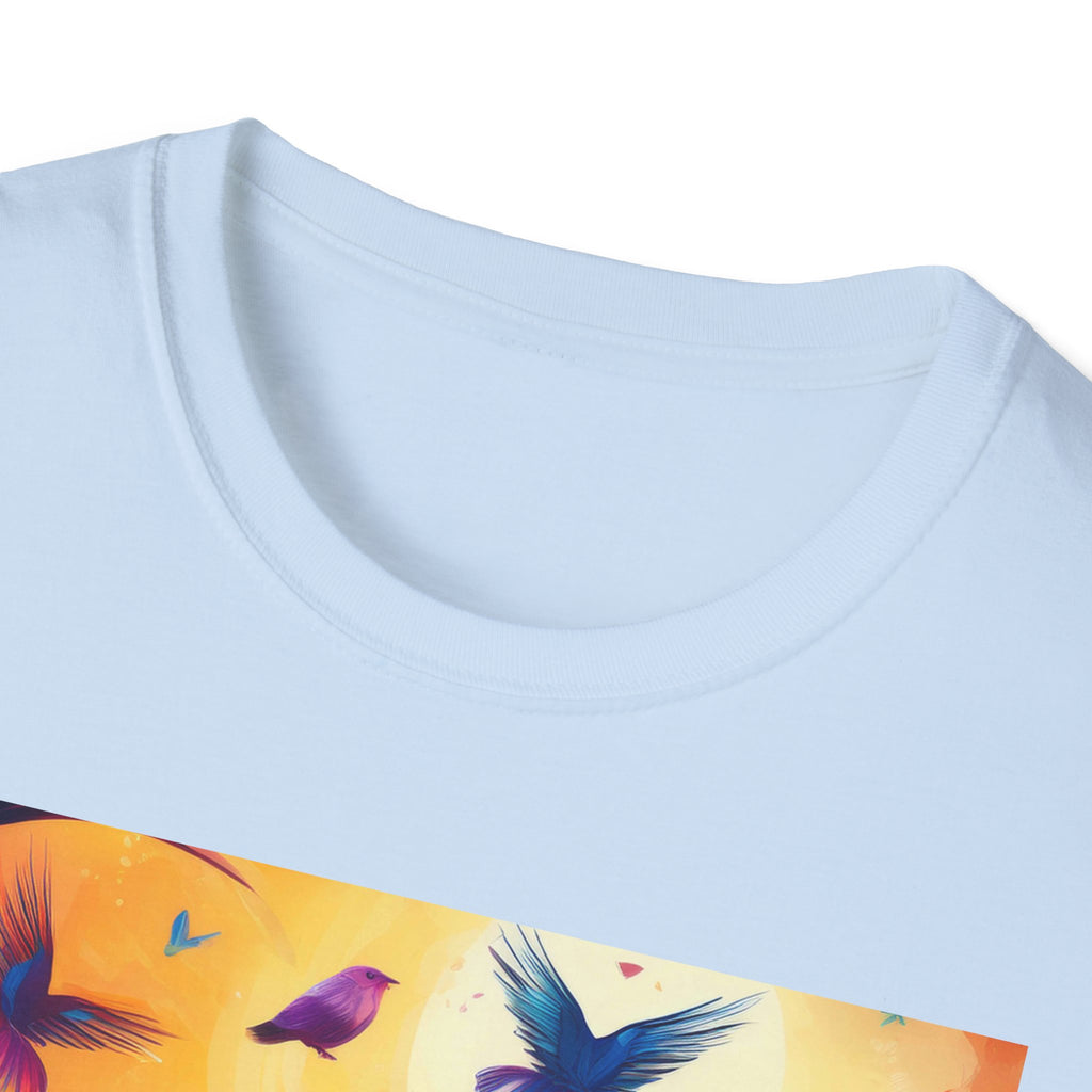 Birds at Dawn Graphic T-Shirt — Colorful Floral Songbird Tee