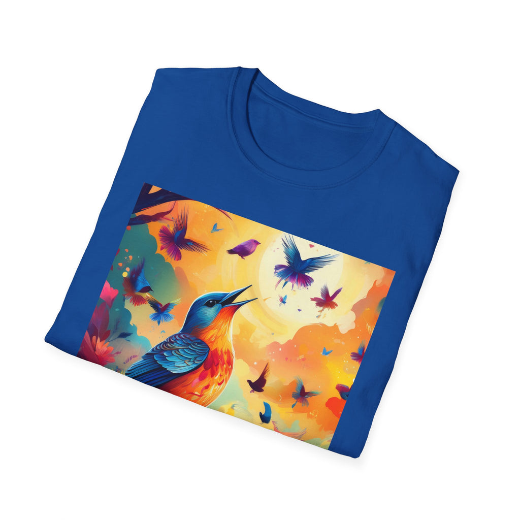 Birds at Dawn Graphic T-Shirt — Colorful Floral Songbird Tee