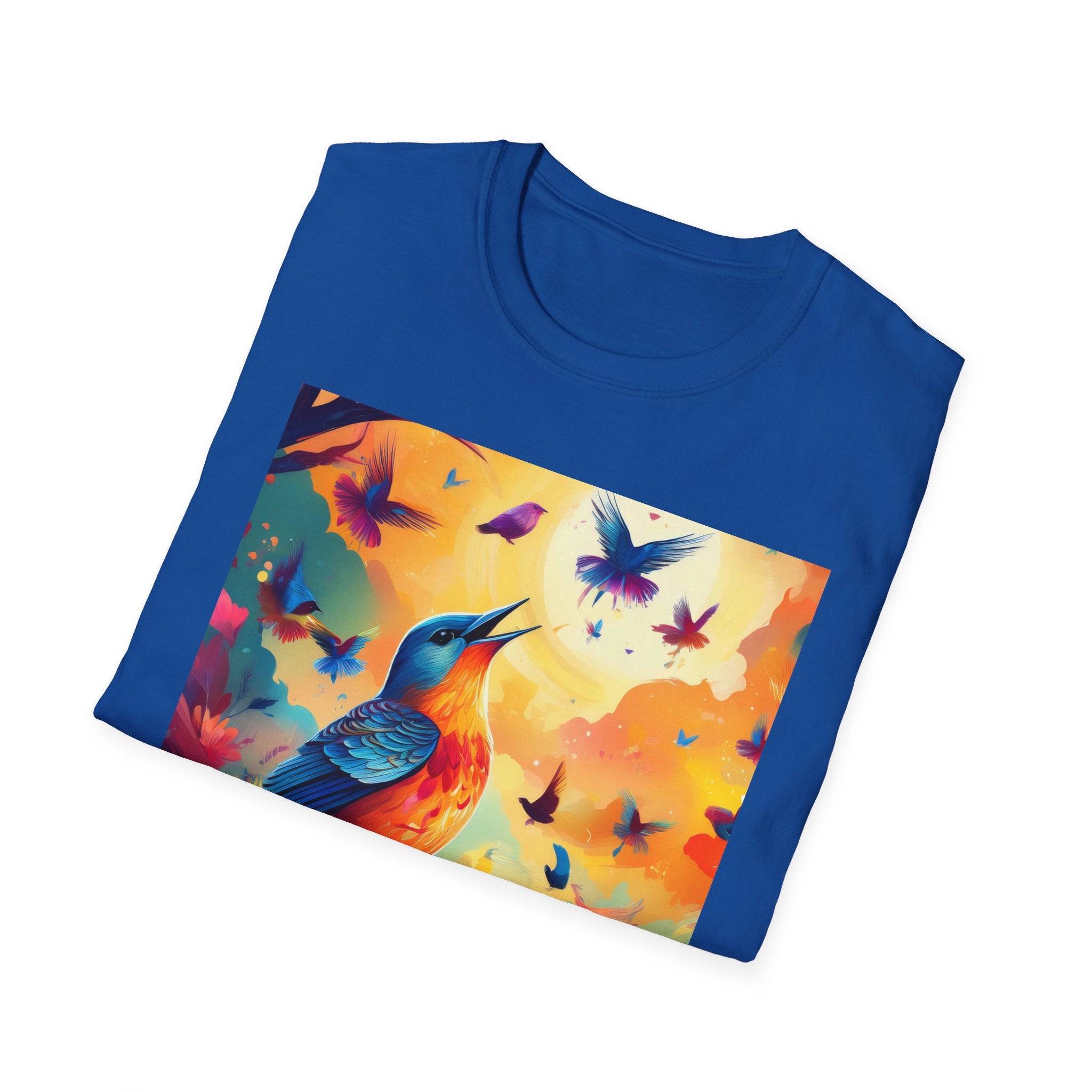 Birds at Dawn Graphic T-Shirt — Colorful Floral Songbird Tee