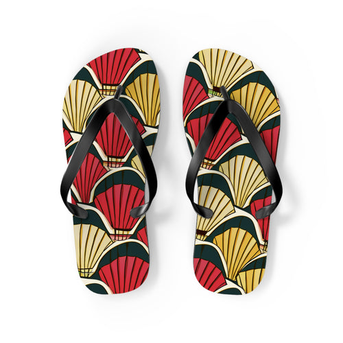 Art Deco Shell Pattern Flip Flops — Retro Red & Gold Beach Sandals