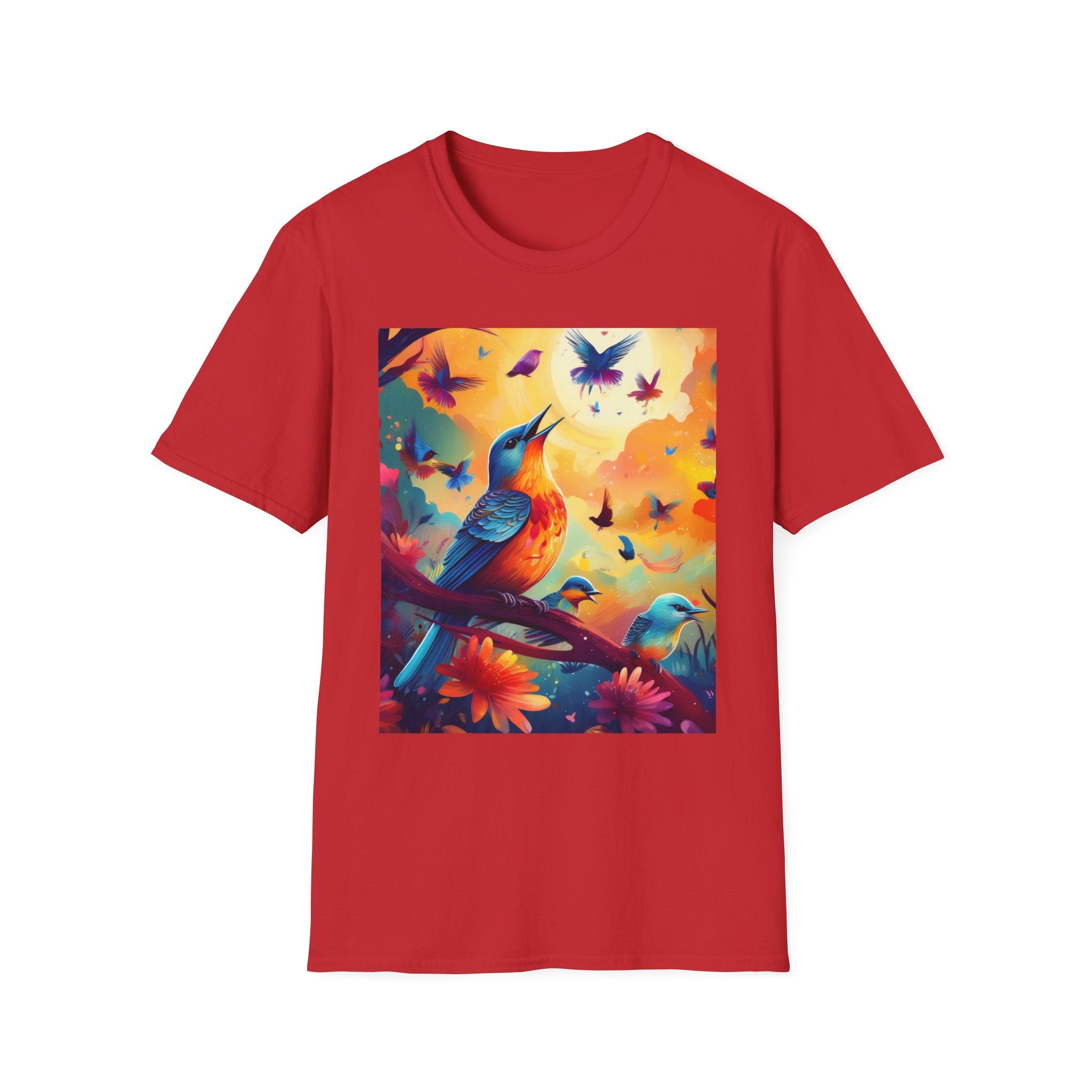 Birds at Dawn Graphic T-Shirt — Colorful Floral Songbird Tee