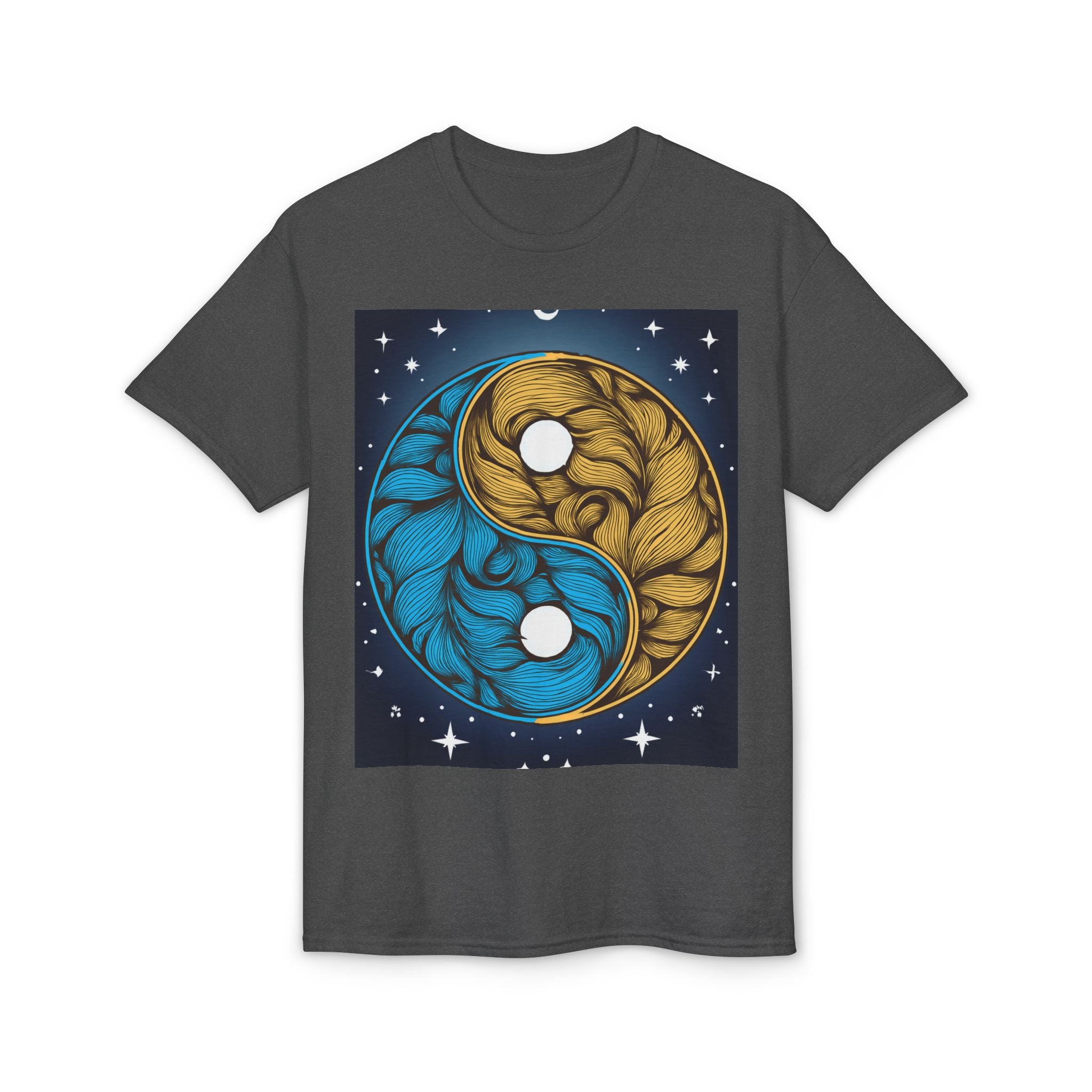 Yin Yang Moon Feathers T-Shirt — Blue & Gold Celestial Balance Tee