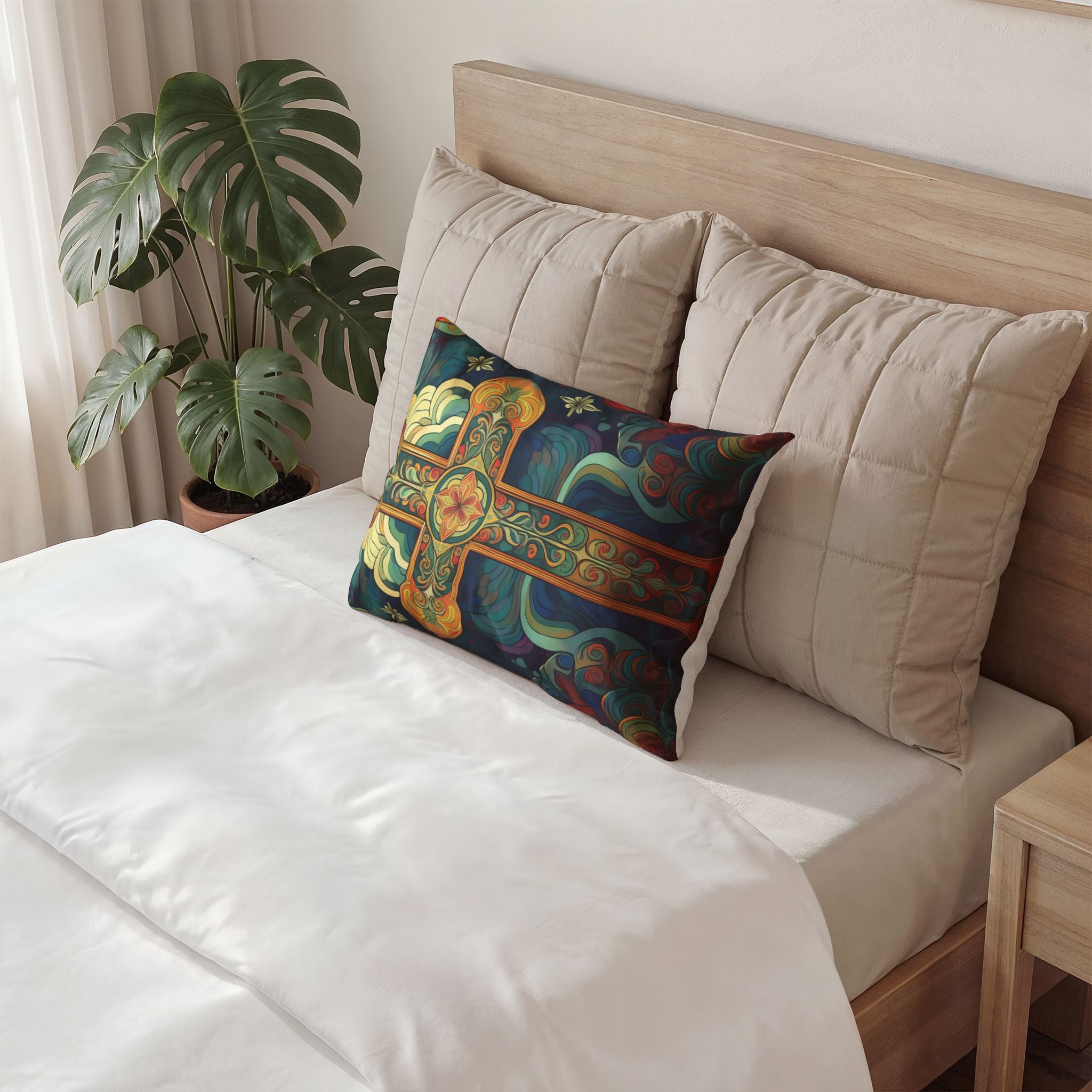 Decorative Cotton Pillow Sham — Boho Vintage Cross Mandala Design