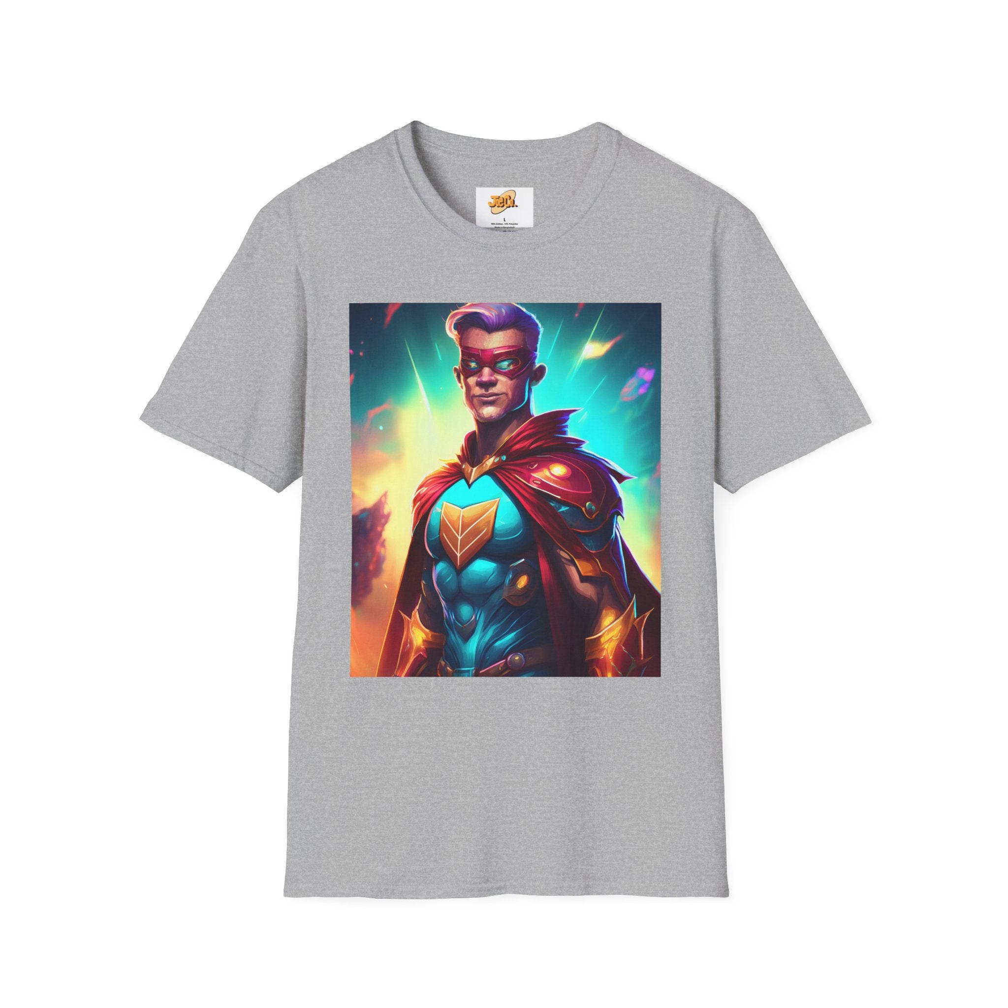 Superhero Graphic T-Shirt — Retro Neon Captain Chest Emblem