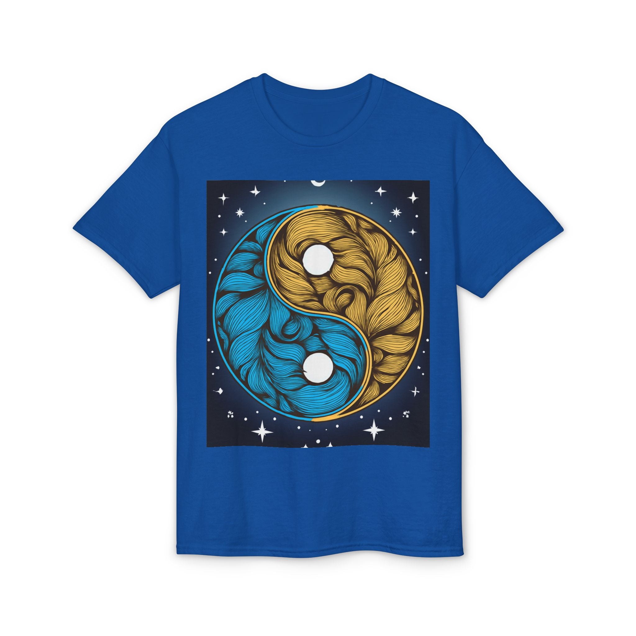 Yin Yang Moon Feathers T-Shirt — Blue & Gold Celestial Balance Tee