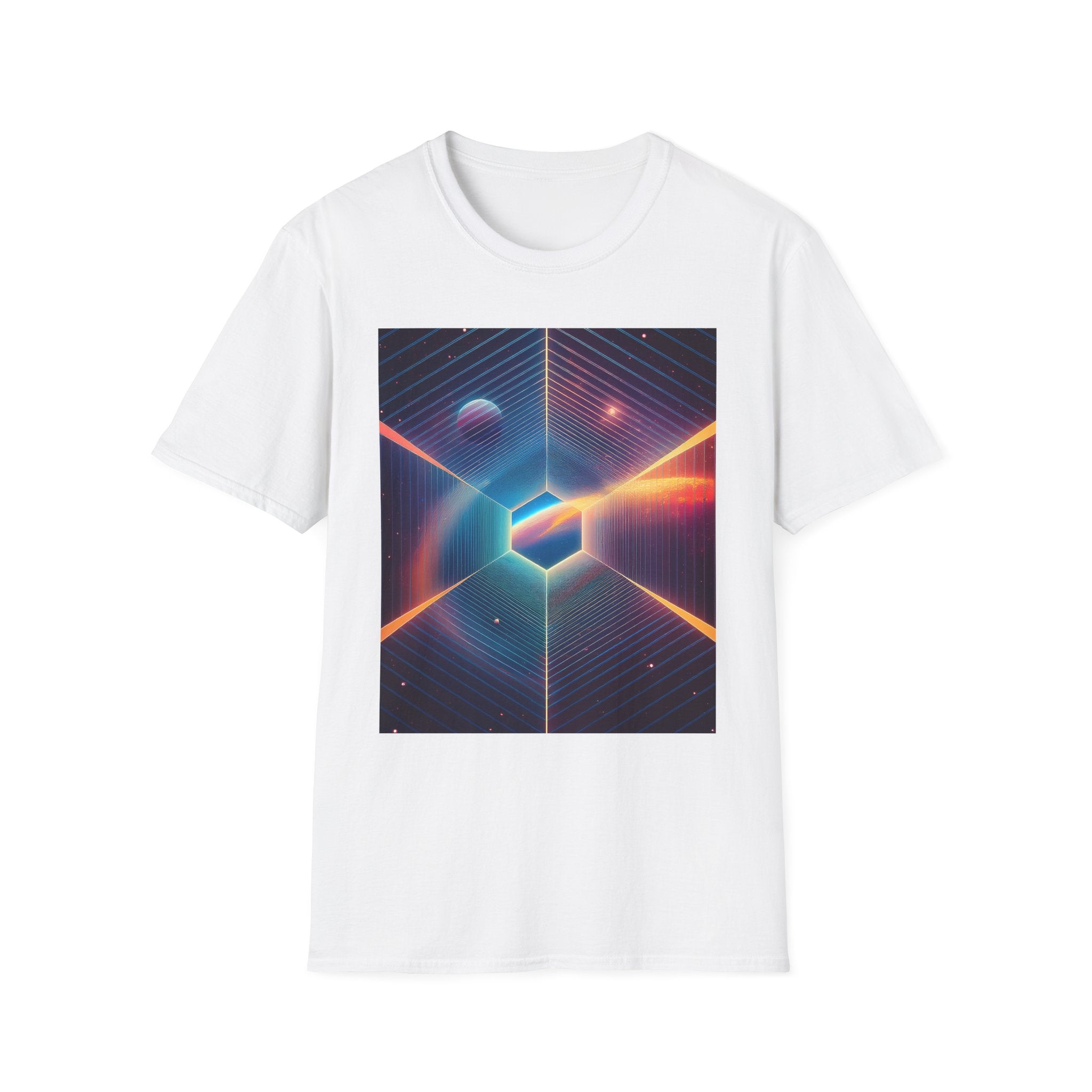 Retro Futuristic Space Tee — Neon Geometric Galaxy T-Shirt