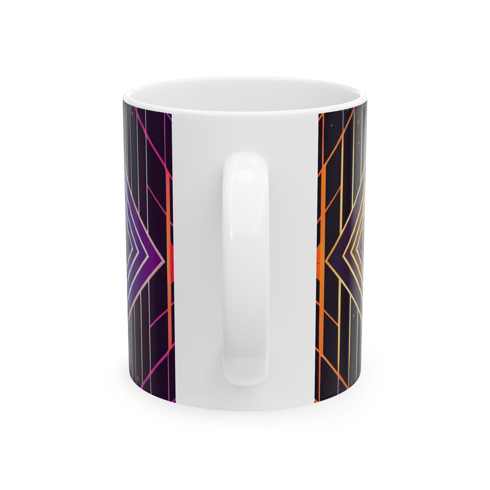 Retro Futurism Space Mug — Neon Geometric Planet Ceramic Coffee Cup (11oz/15oz)