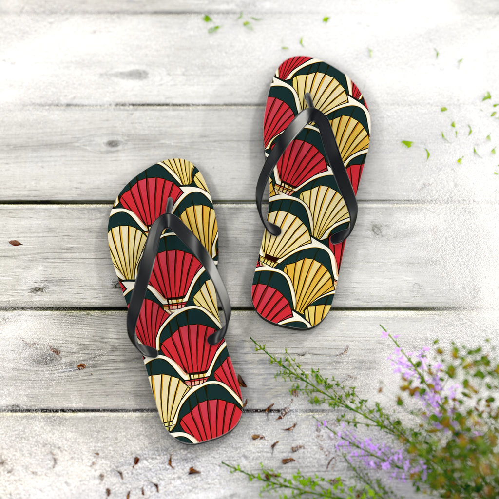 Art Deco Shell Pattern Flip Flops — Retro Red & Gold Beach Sandals