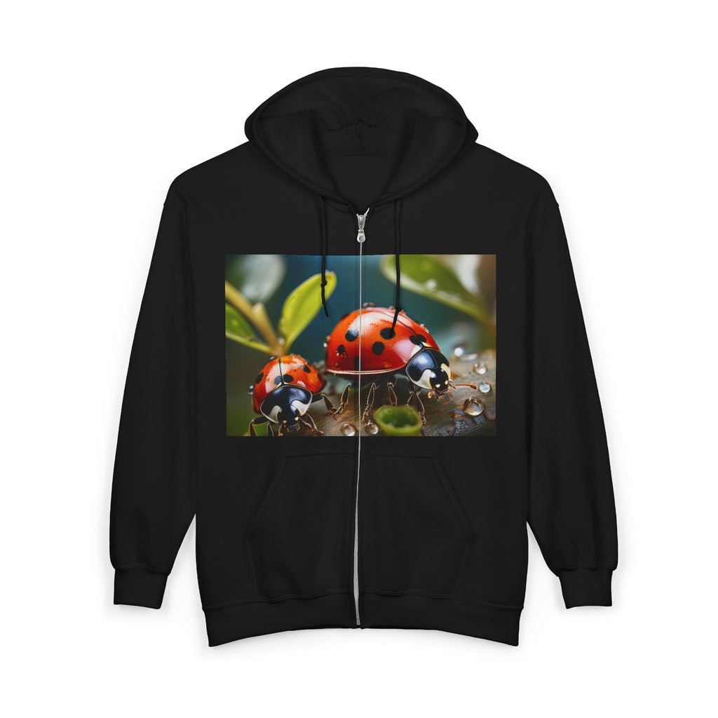 Ladybug Nature Zip Hoodie – Cute Red Ladybugs on Dewy Leaf