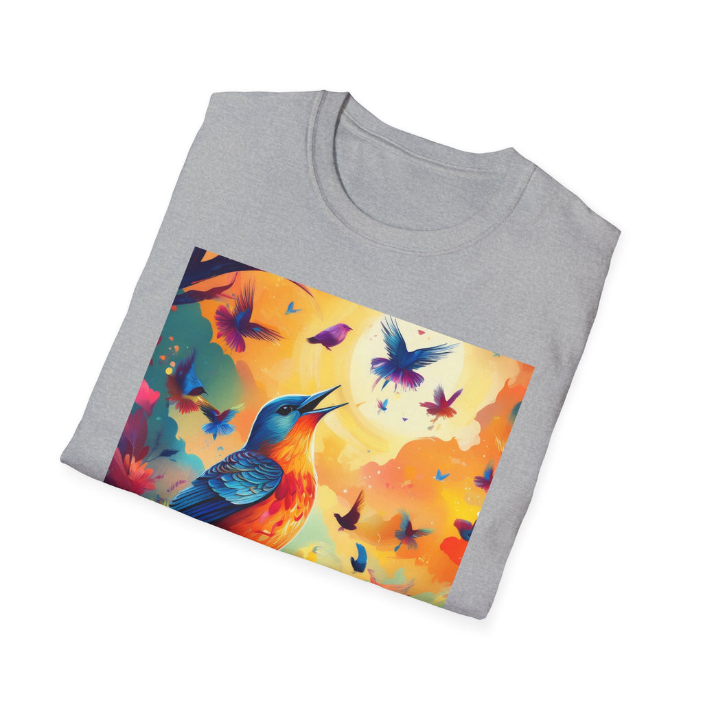 Birds at Dawn Graphic T-Shirt — Colorful Floral Songbird Tee