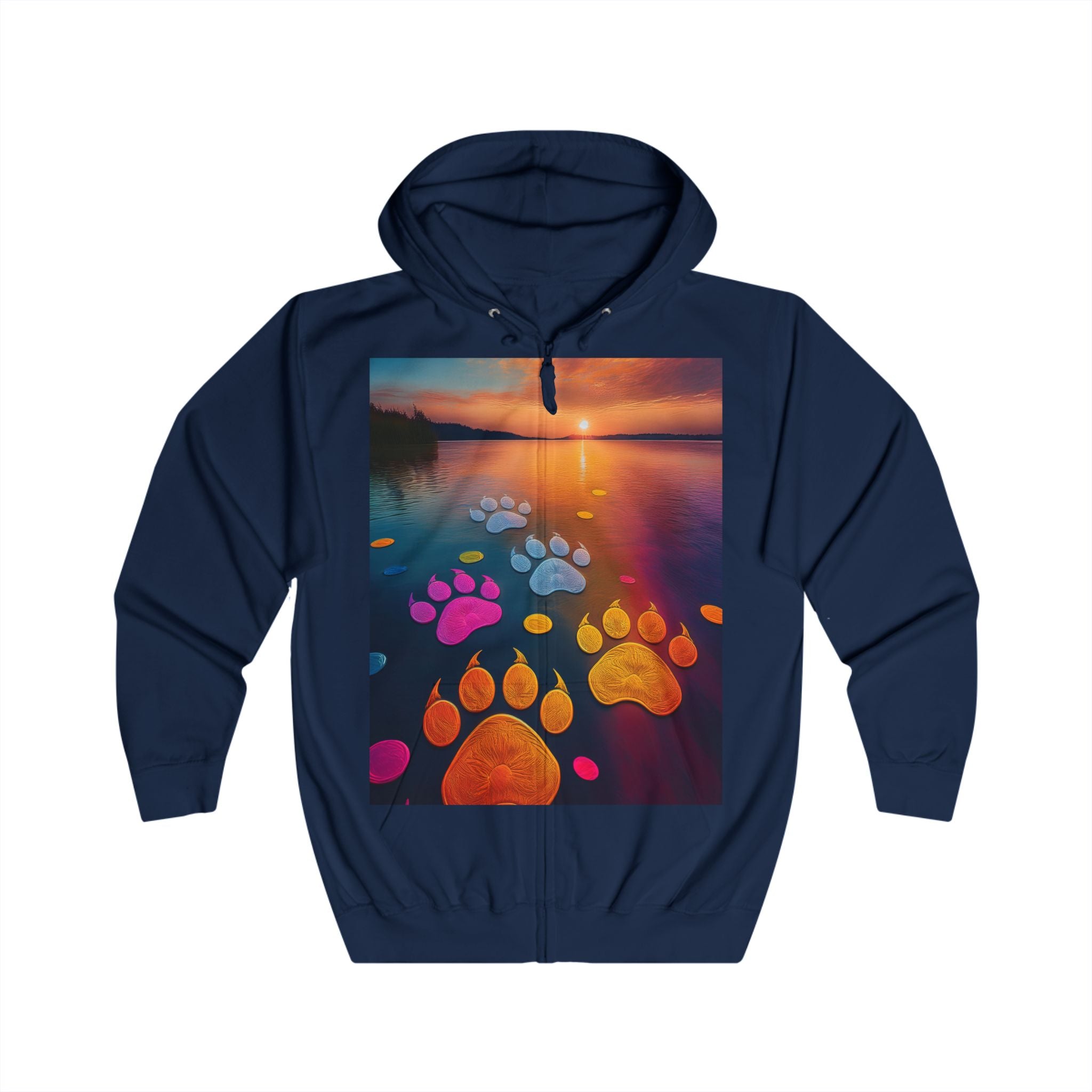 Pawprint Sunset Zip Hoodie — Colorful Paw Trail Graphic