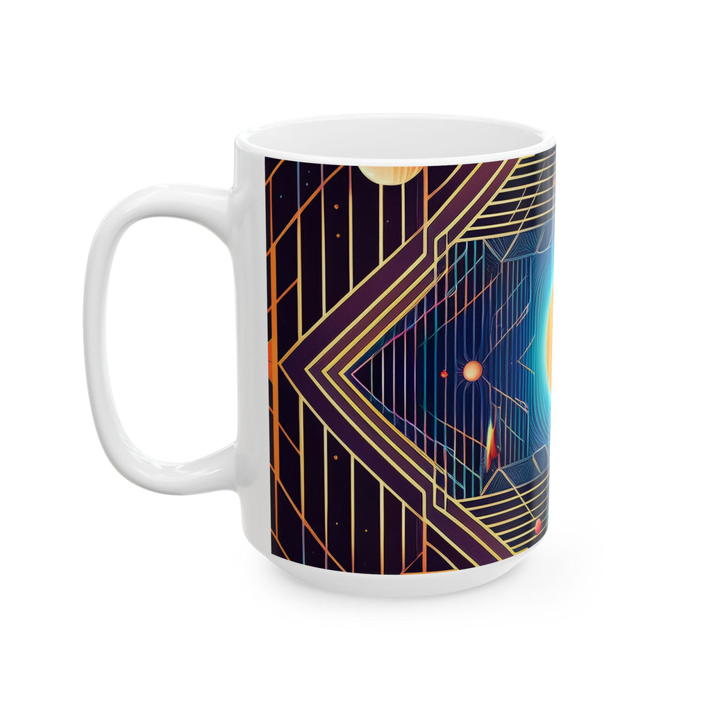 Retro Futurism Space Mug — Neon Geometric Planet Ceramic Coffee Cup (11oz/15oz)