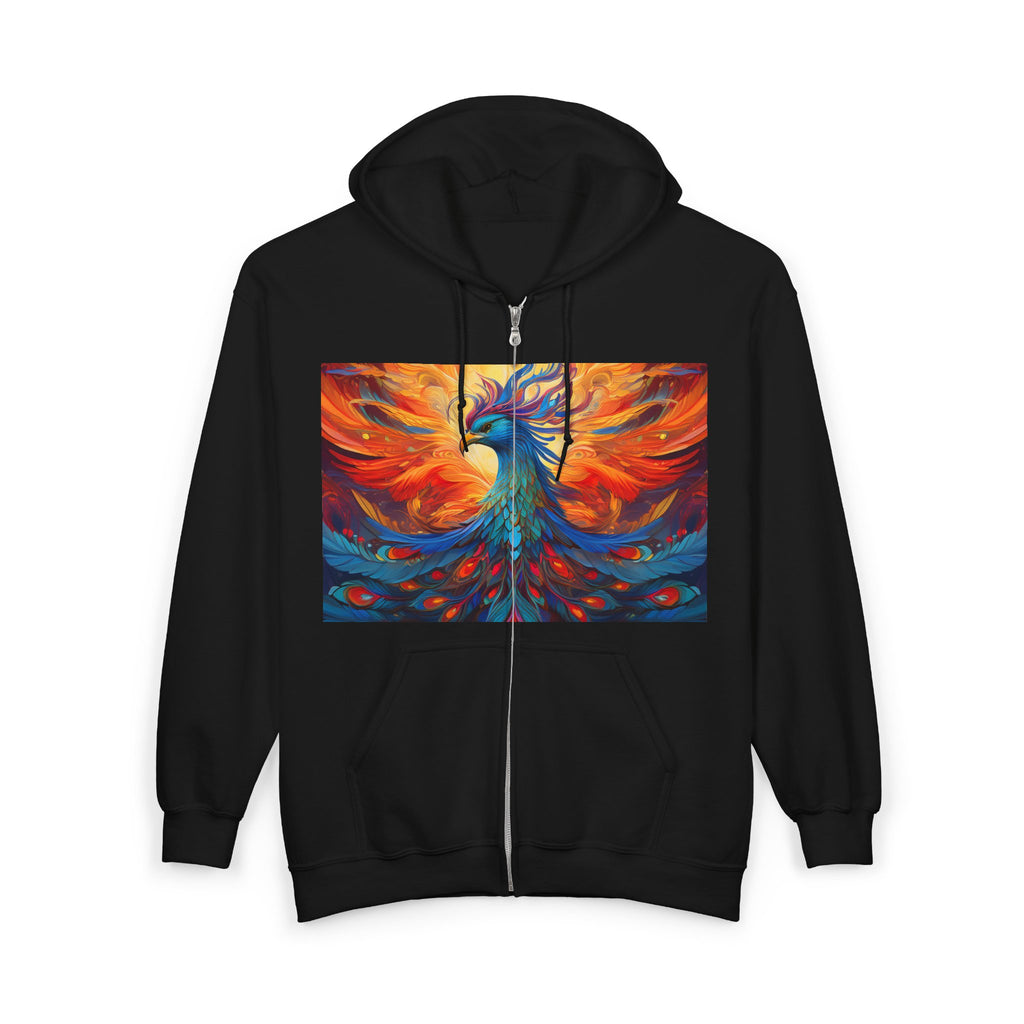 Phoenix Art Full-Zip Hoodie — Vibrant Abstract Bird Design