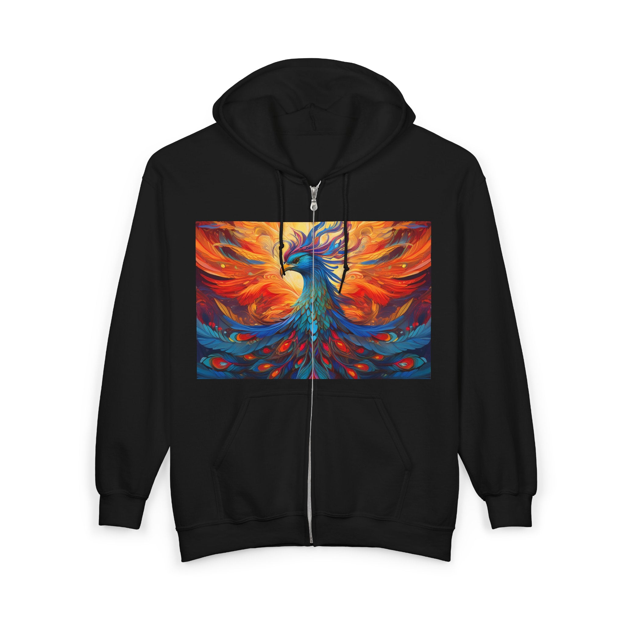 Phoenix Art Full-Zip Hoodie — Vibrant Abstract Bird Design