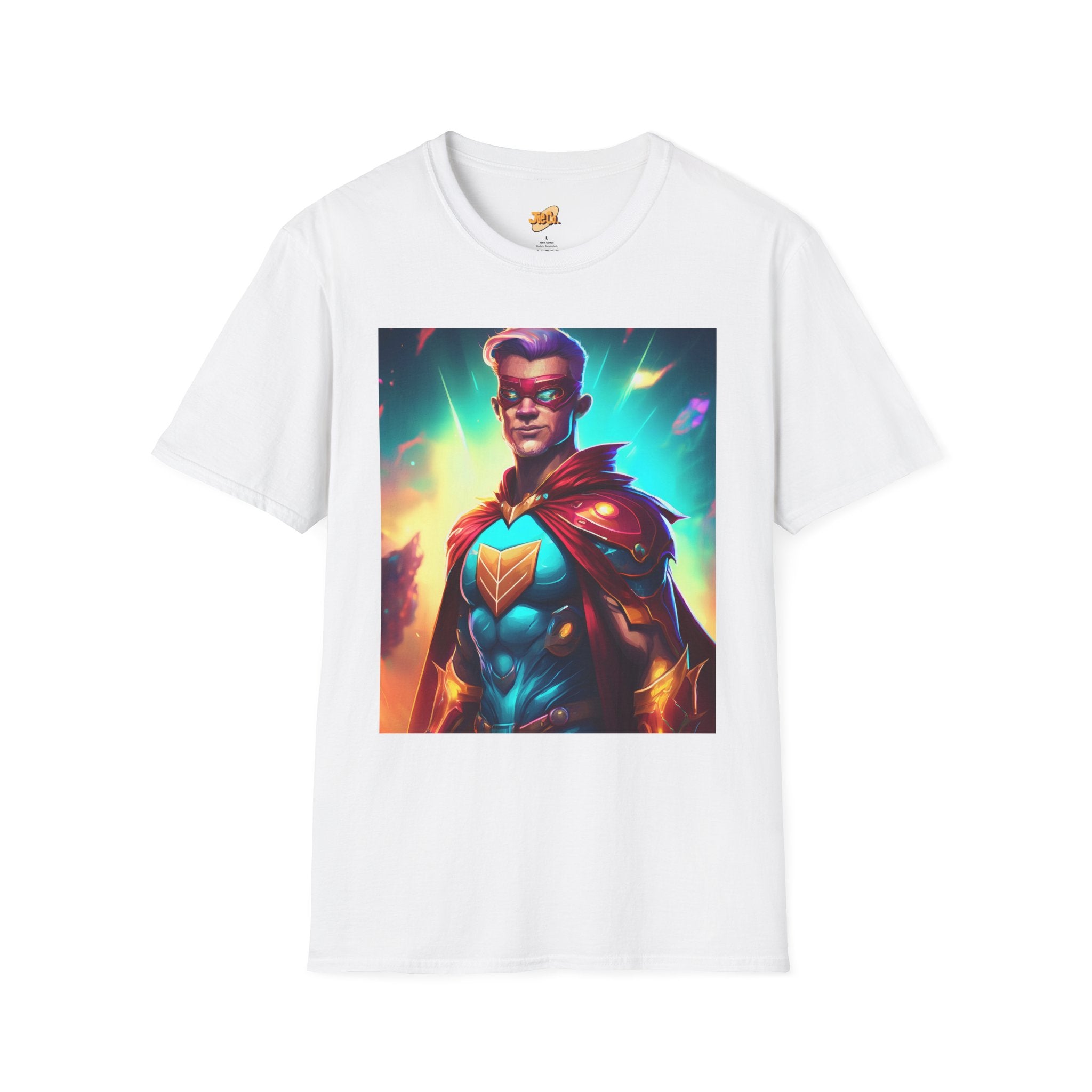Superhero Graphic T-Shirt — Retro Neon Captain Chest Emblem