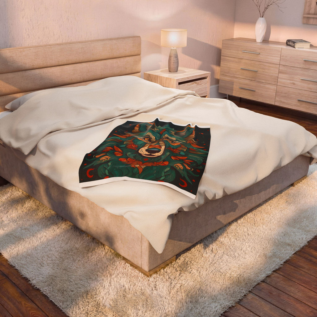 Mystic Floral Wolf Velveteen Plush Blanket — Cozy Boho Animal Throw for Living Room & Gifts