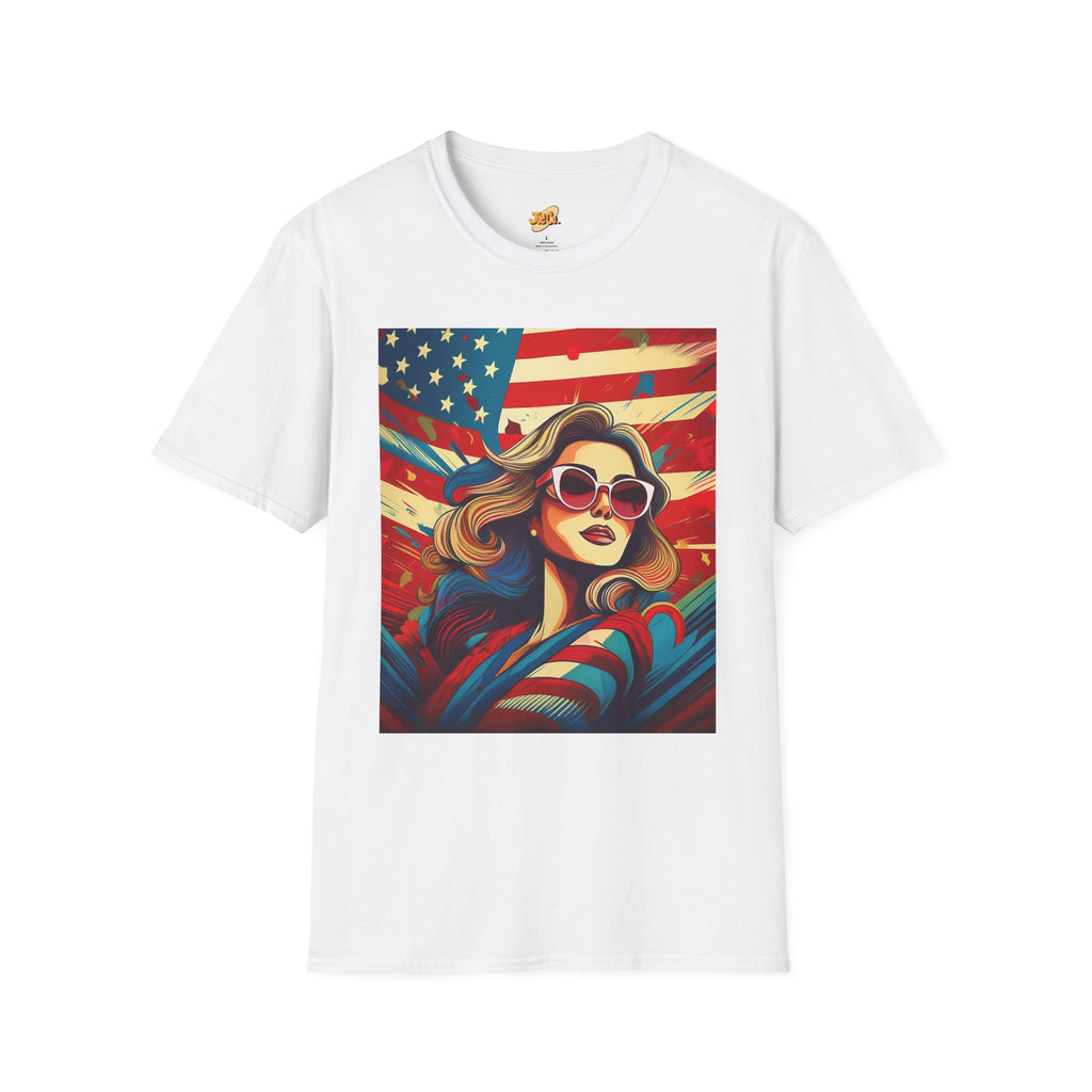 Patriotic Retro Woman T-Shirt — American Flag Vintage Pop Art Tee