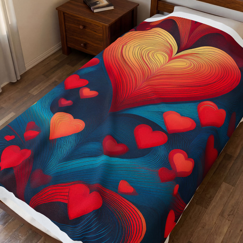 Heart Cascade Velveteen Plush Blanket – Cozy Red & Blue Heart Pattern, Perfect Valentine’s Gift