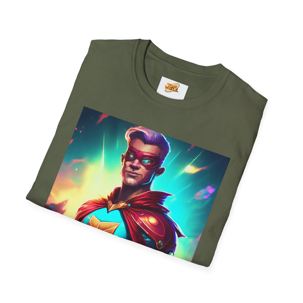 Superhero Graphic T-Shirt — Retro Neon Captain Chest Emblem