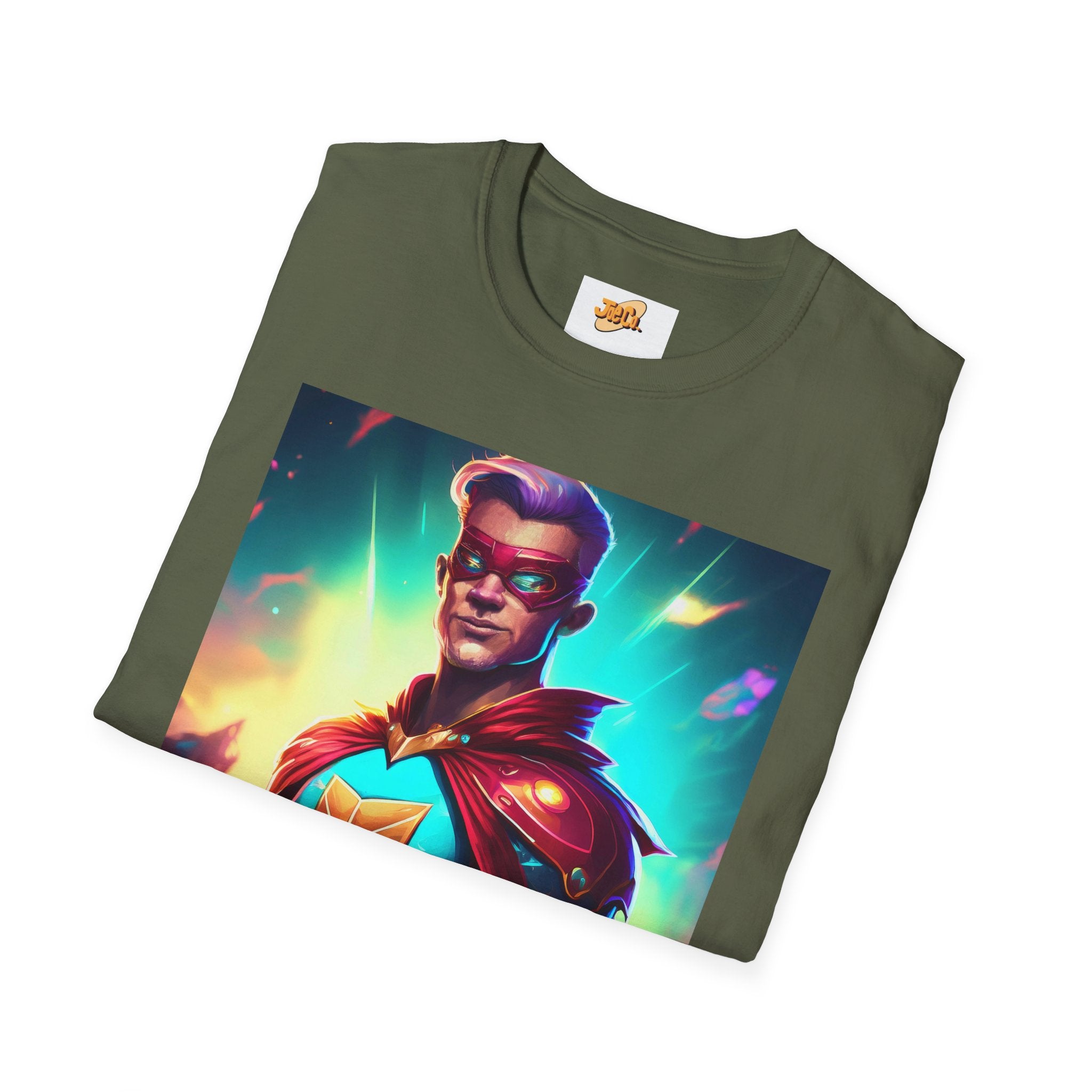Superhero Graphic T-Shirt — Retro Neon Captain Chest Emblem