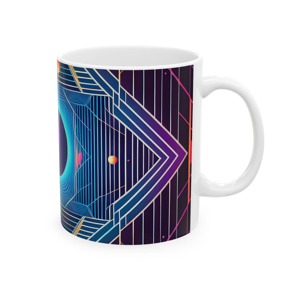 Retro Futurism Space Mug — Neon Geometric Planet Ceramic Coffee Cup (11oz/15oz)