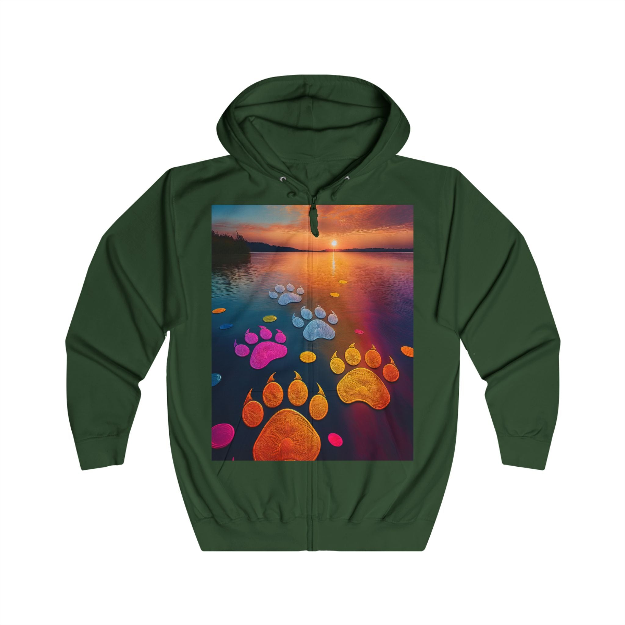 Pawprint Sunset Zip Hoodie — Colorful Paw Trail Graphic