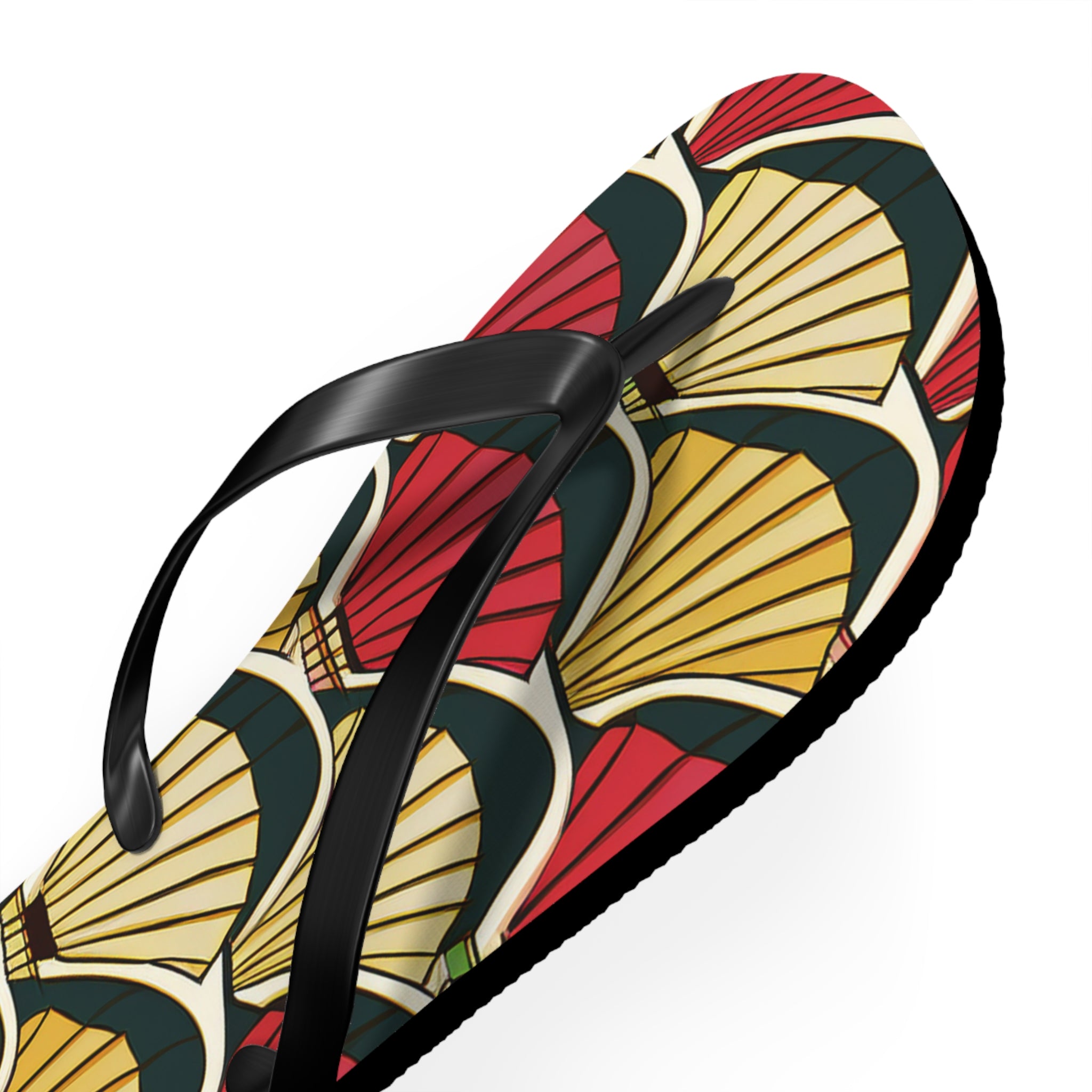 Art Deco Shell Pattern Flip Flops — Retro Red & Gold Beach Sandals