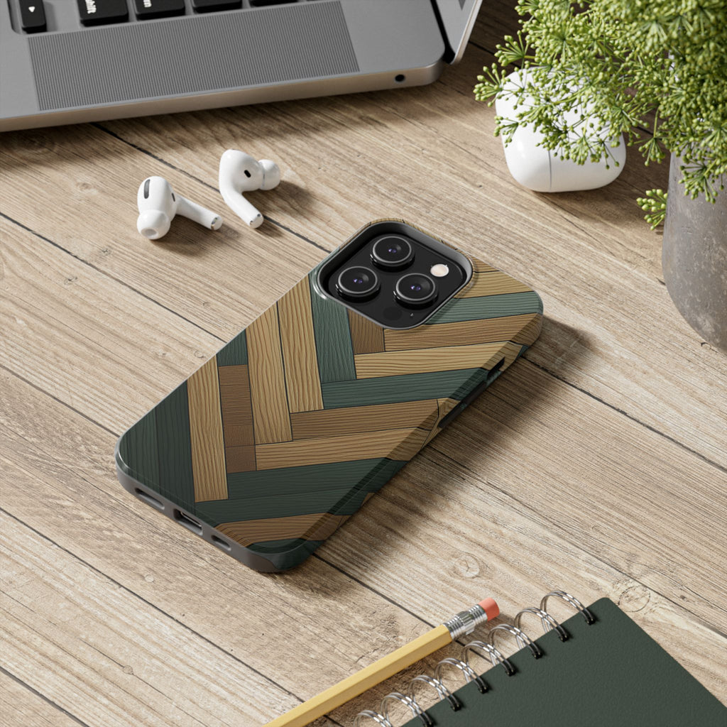 Wood Herringbone Tough Phone Case — Protective Matte Phone Cover with Natural Wood Pattern
