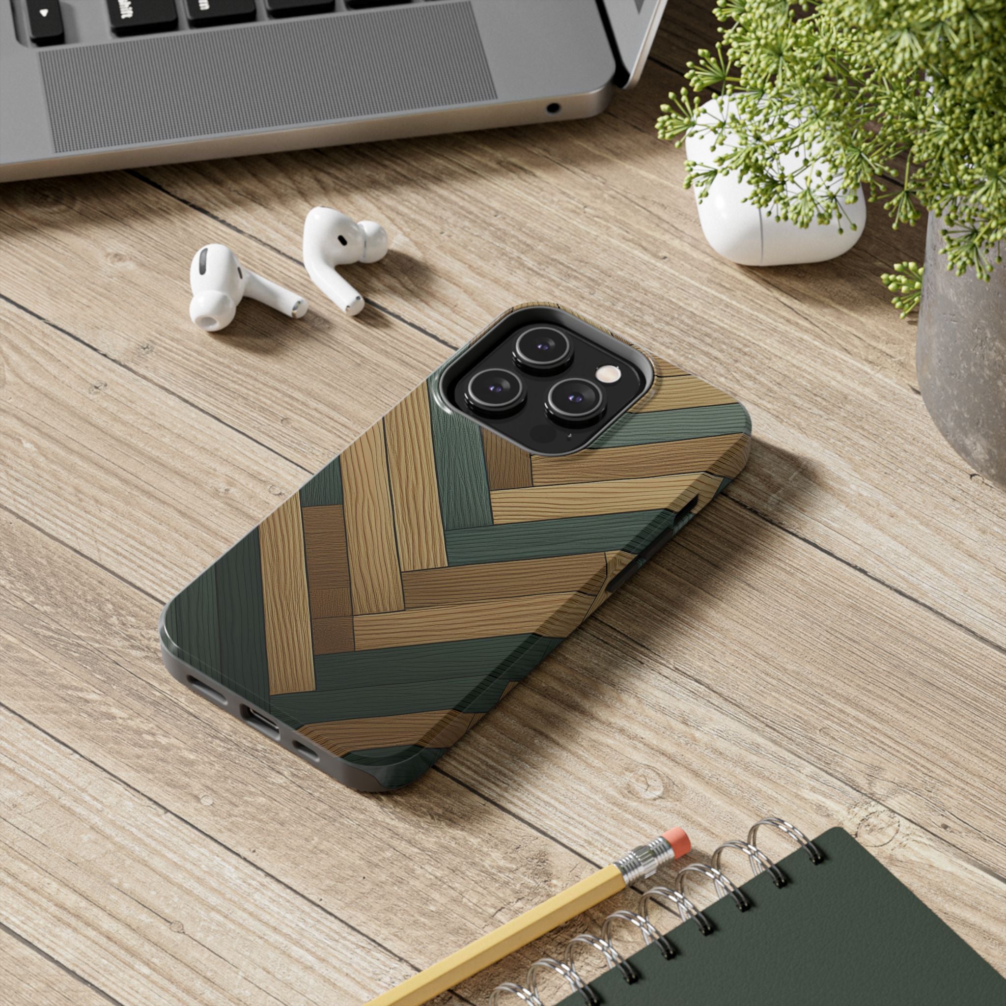 Wood Herringbone Tough Phone Case — Protective Matte Phone Cover with Natural Wood Pattern