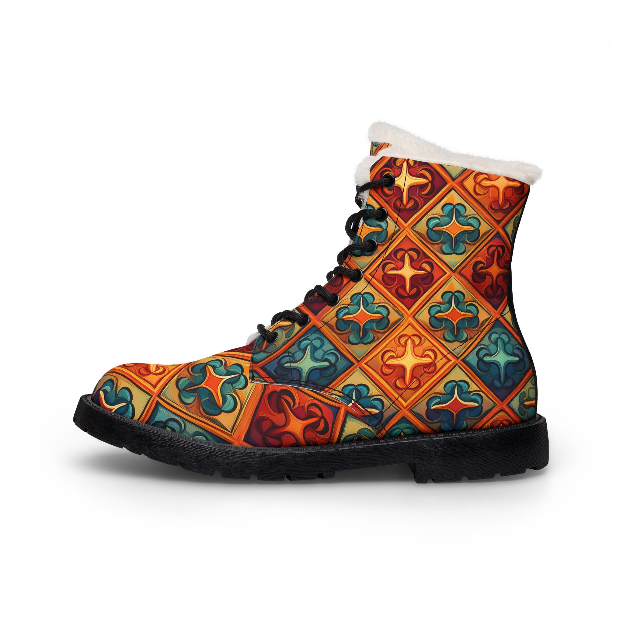 Men's Fur-Lined Leather Boots — Colorful Tile Pattern Winter Work Boots