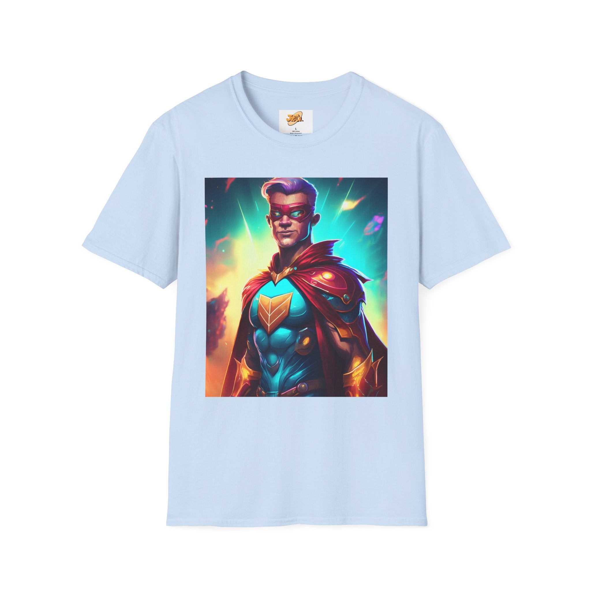 Superhero Graphic T-Shirt — Retro Neon Captain Chest Emblem